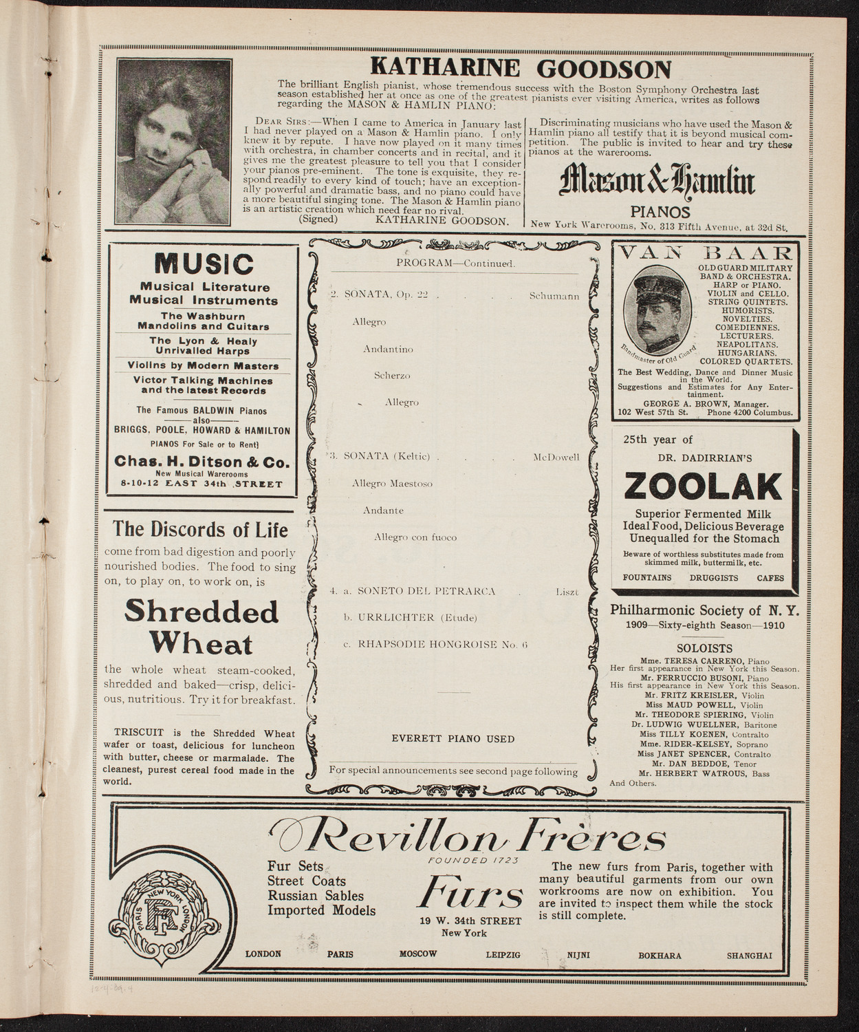 Teresa Carreño, Piano, December 4, 1909, program page 7