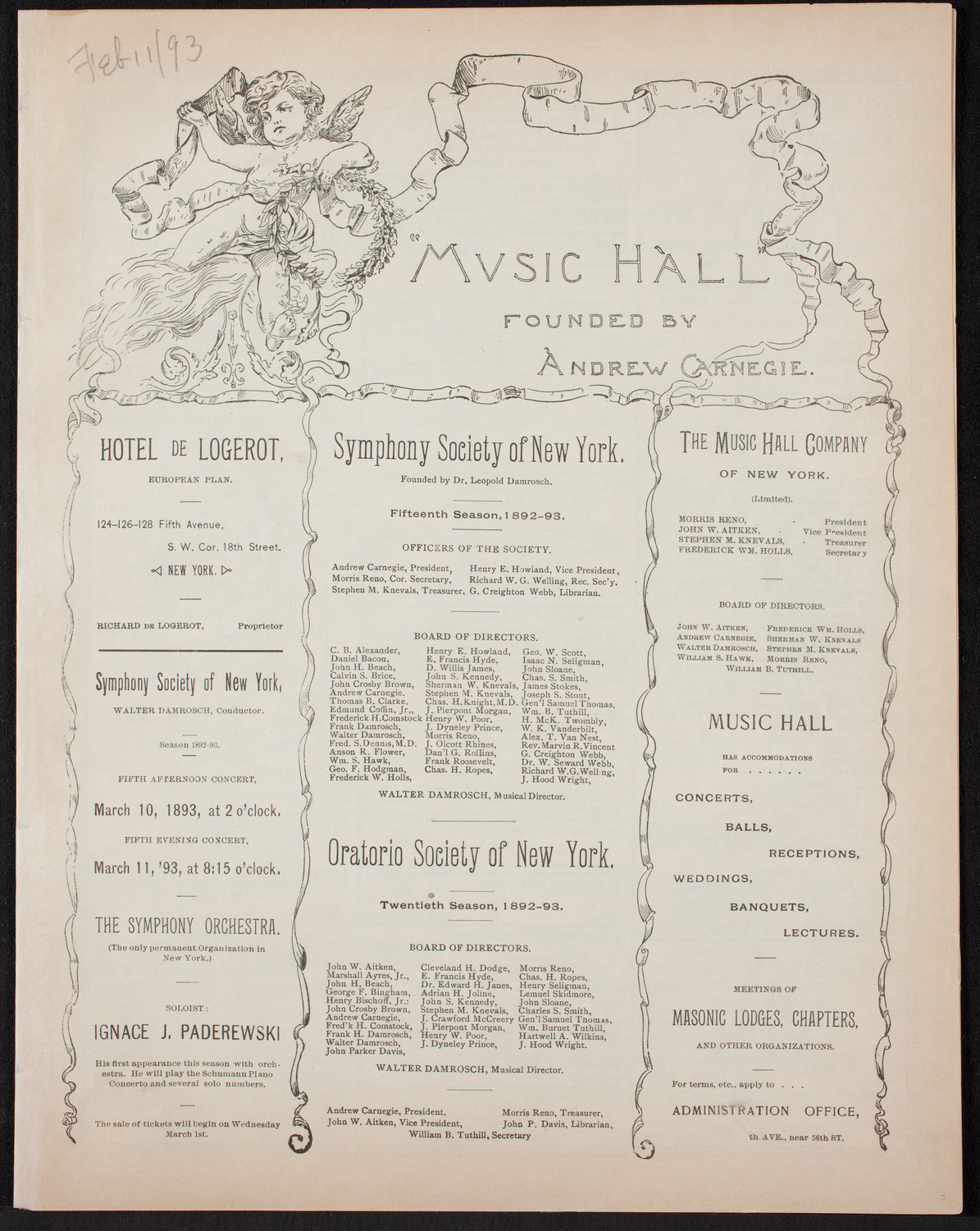 New York Philharmonic, February 11, 1893, program page 1