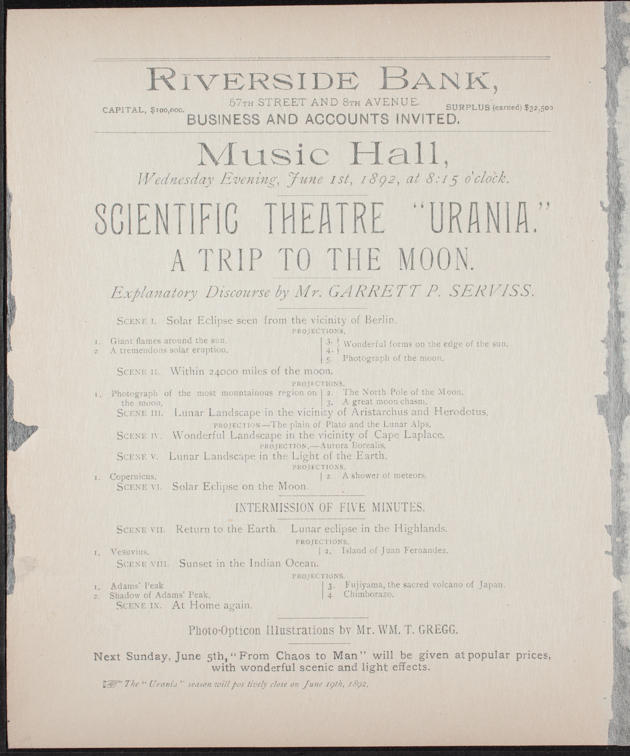 Urania Scientific Theatre, June 1, 1892, program page 2