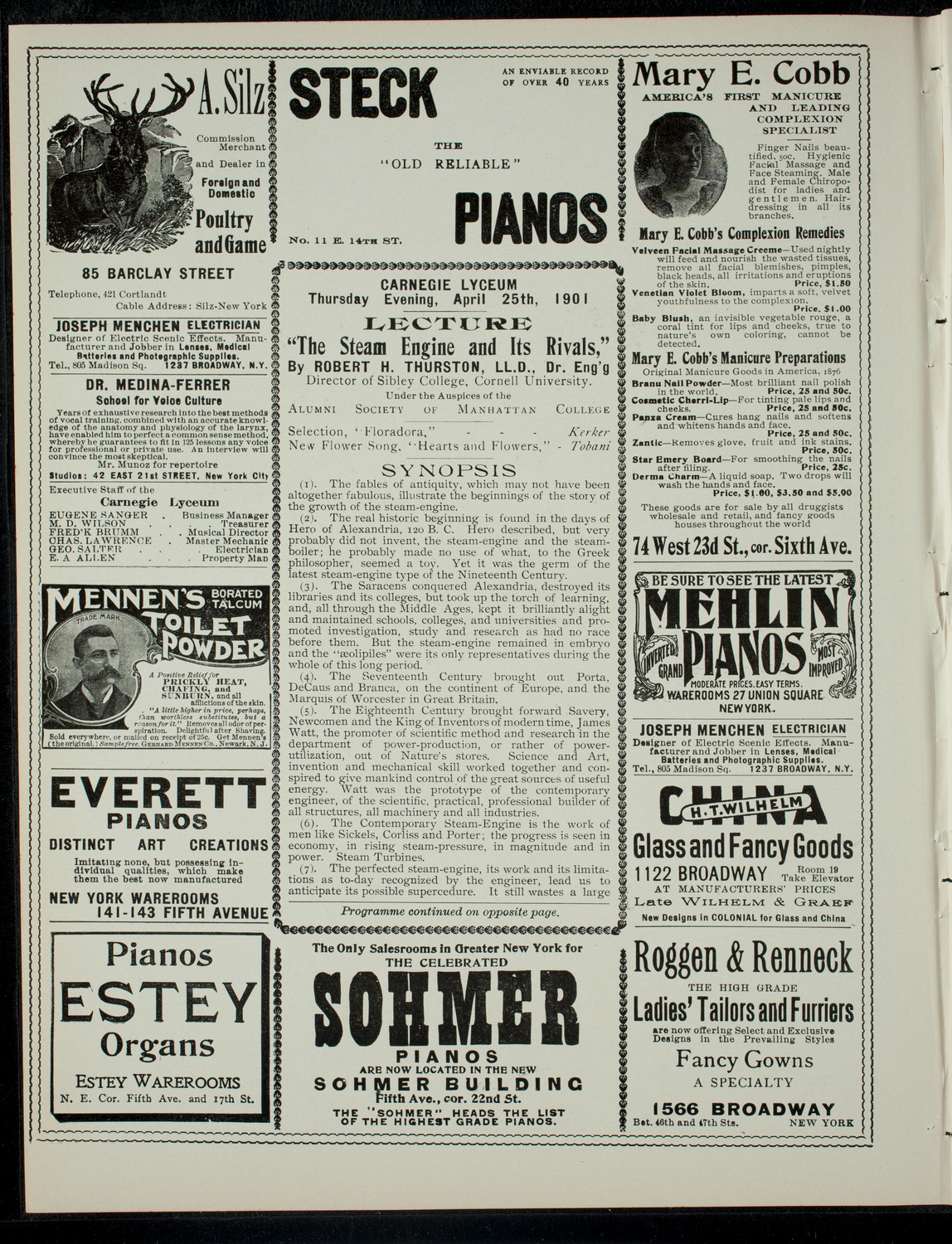 Lecture by Robert H. Thurston, April 25, 1901, program page 2