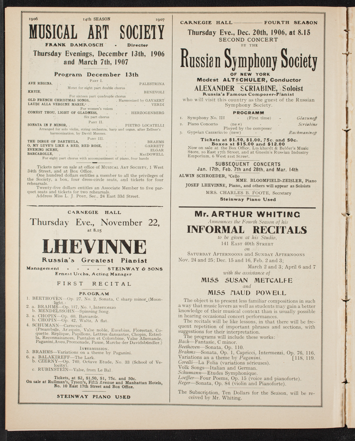 Moriz Rosenthal, Piano, November 17, 1906, program page 10