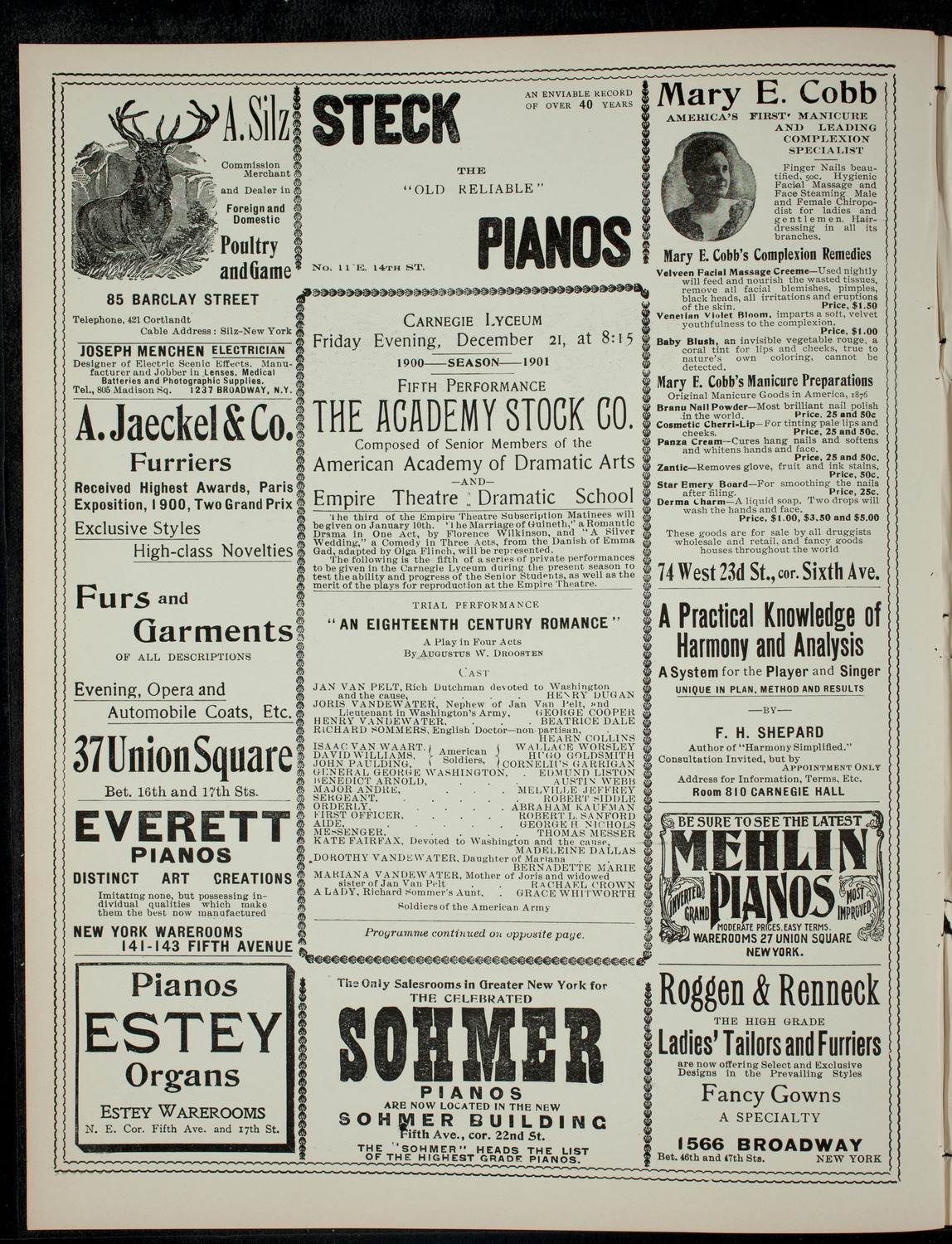 Academy Stock Company of the American Academy of Dramatic Arts and Empire Theatre Dramatic School, December 21, 1900, program page 2