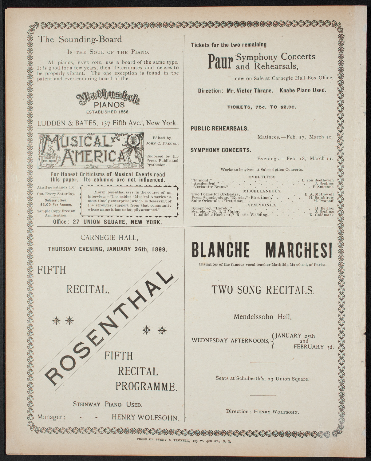 Lilli Lehmann, Soprano, January 10, 1899, program page 8