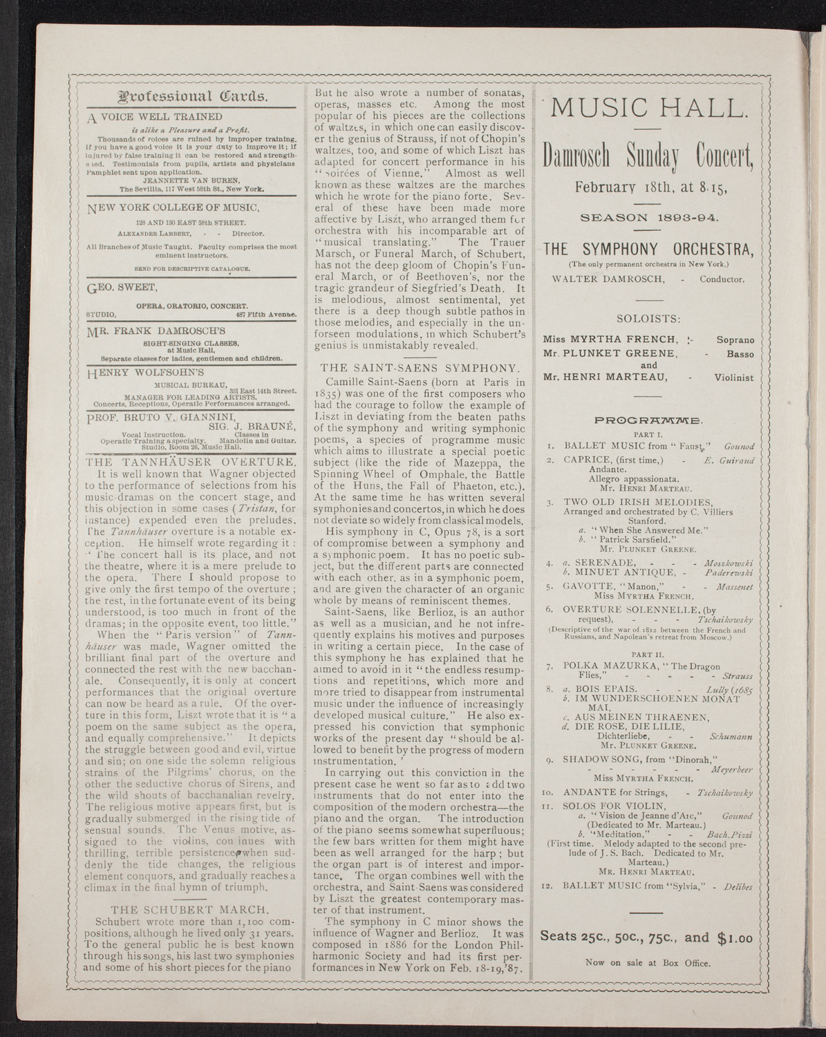 Grand Opera in German: Die Walküre, February 17, 1894, program page 2