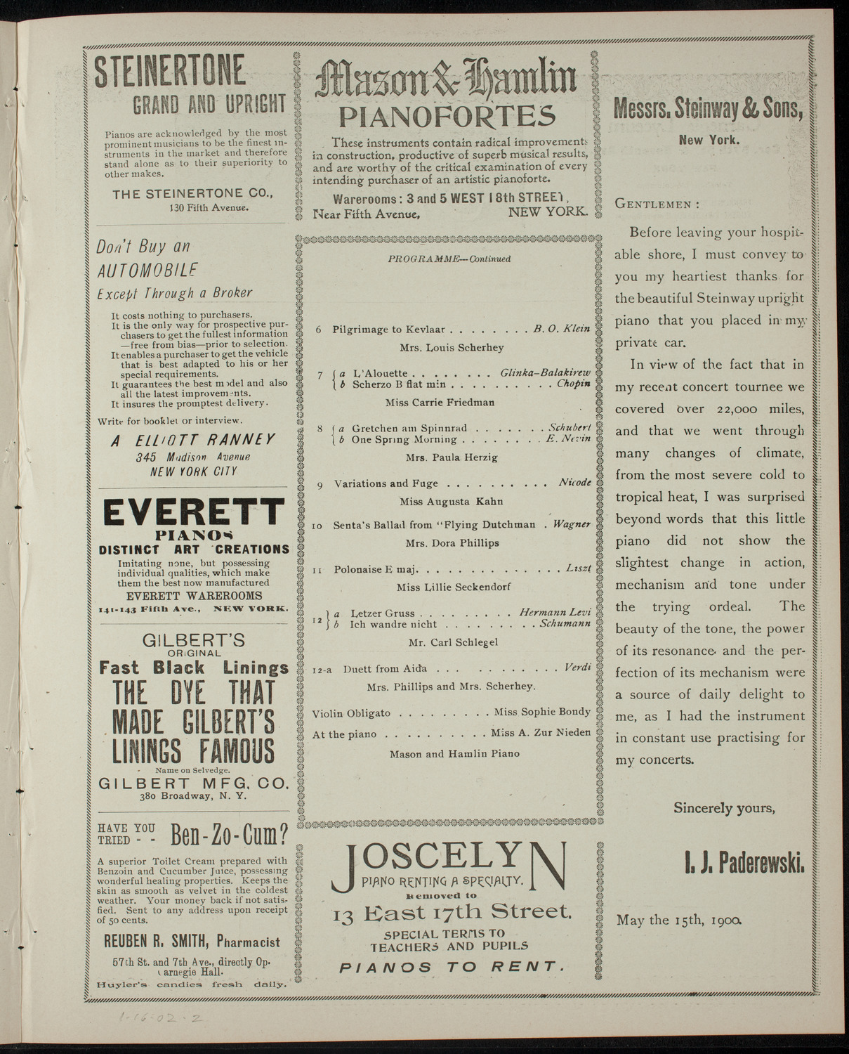 Students' Concert by Pupils of Max Julius Scherhey and Paolo Gallico, January 16, 1902, program page 3