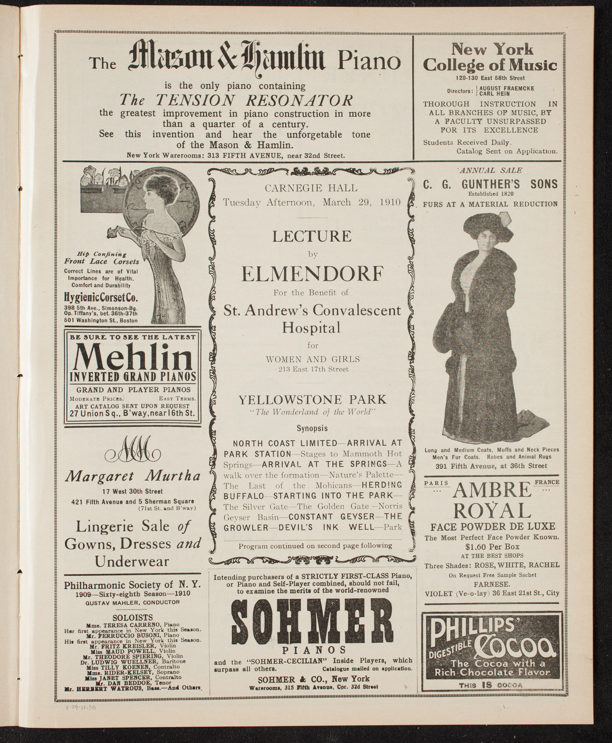 Elmendorf Lecture: Yellowstone Park/ Benefit: St. Andrew's Convalescent Hospital, March 29, 1910, program page 5