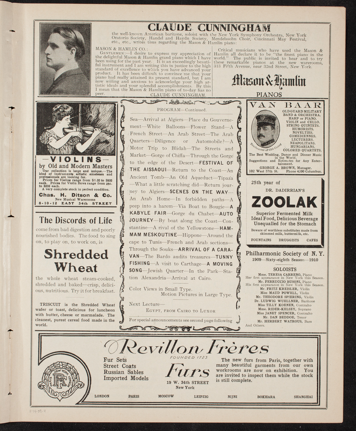 Elmendorf Lecture: At the Gates of the East, November 14, 1909, program page 7