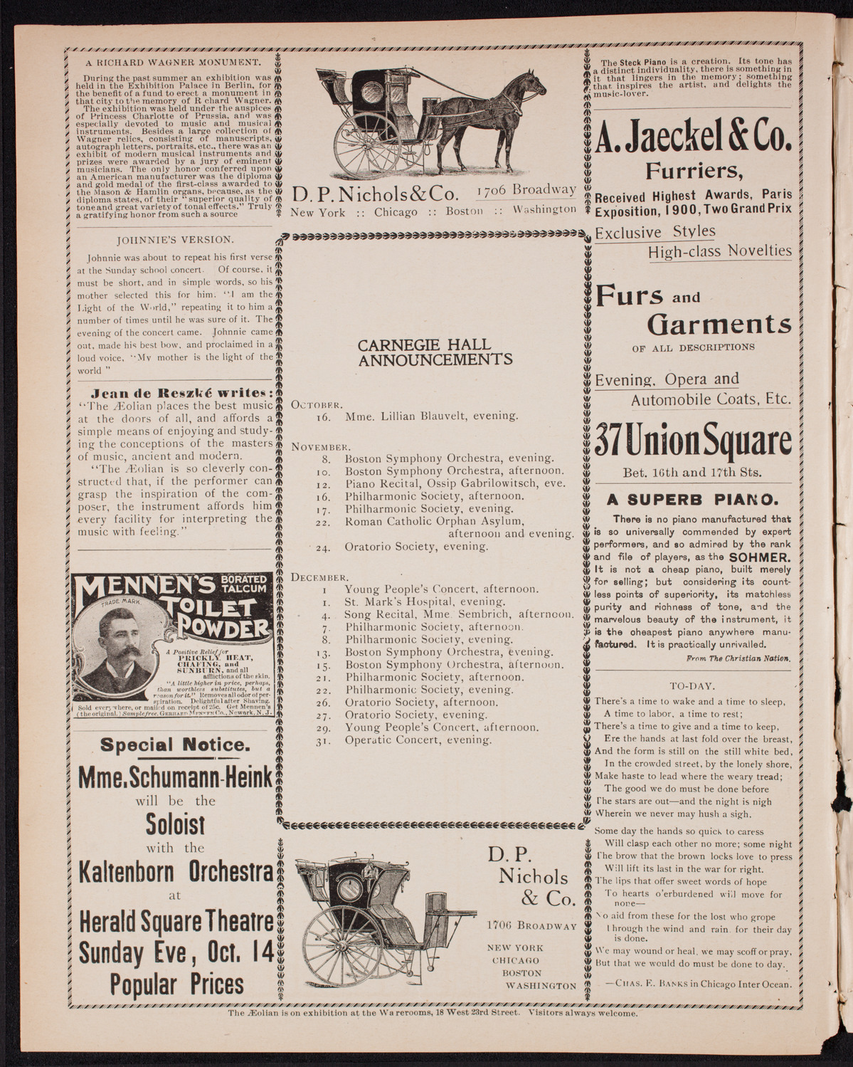 Ernestine Schumann-Heink, Mezzo-Soprano, and Leonora Jackson, Violin, October 11, 1900, program page 2