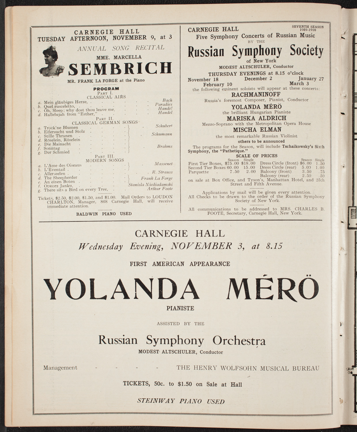 Blanche Arral with Volpe Symphony Orchestra, October 24, 1909, program page 10