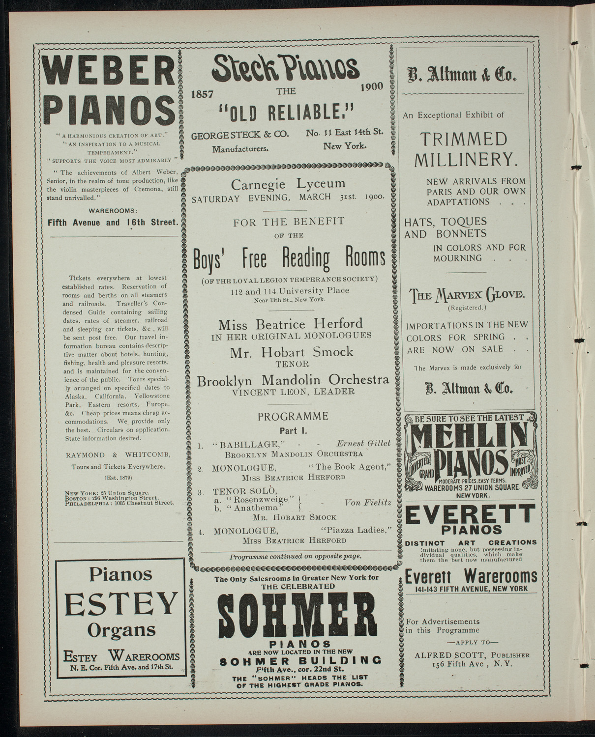 Benefit for the Boys' Free Reading Rooms featuring Beatrice Herford, March 31, 1900, program page 2