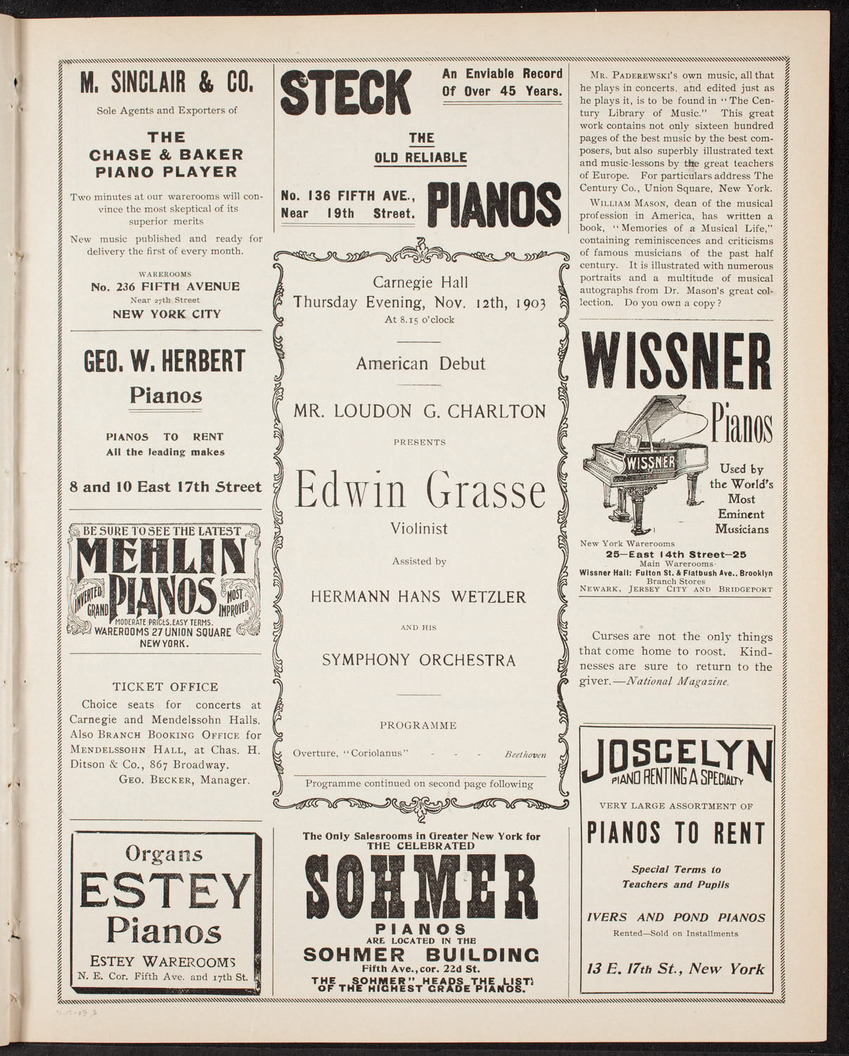 Edwin Grasse with Orchestra, November 12, 1903, program page 5