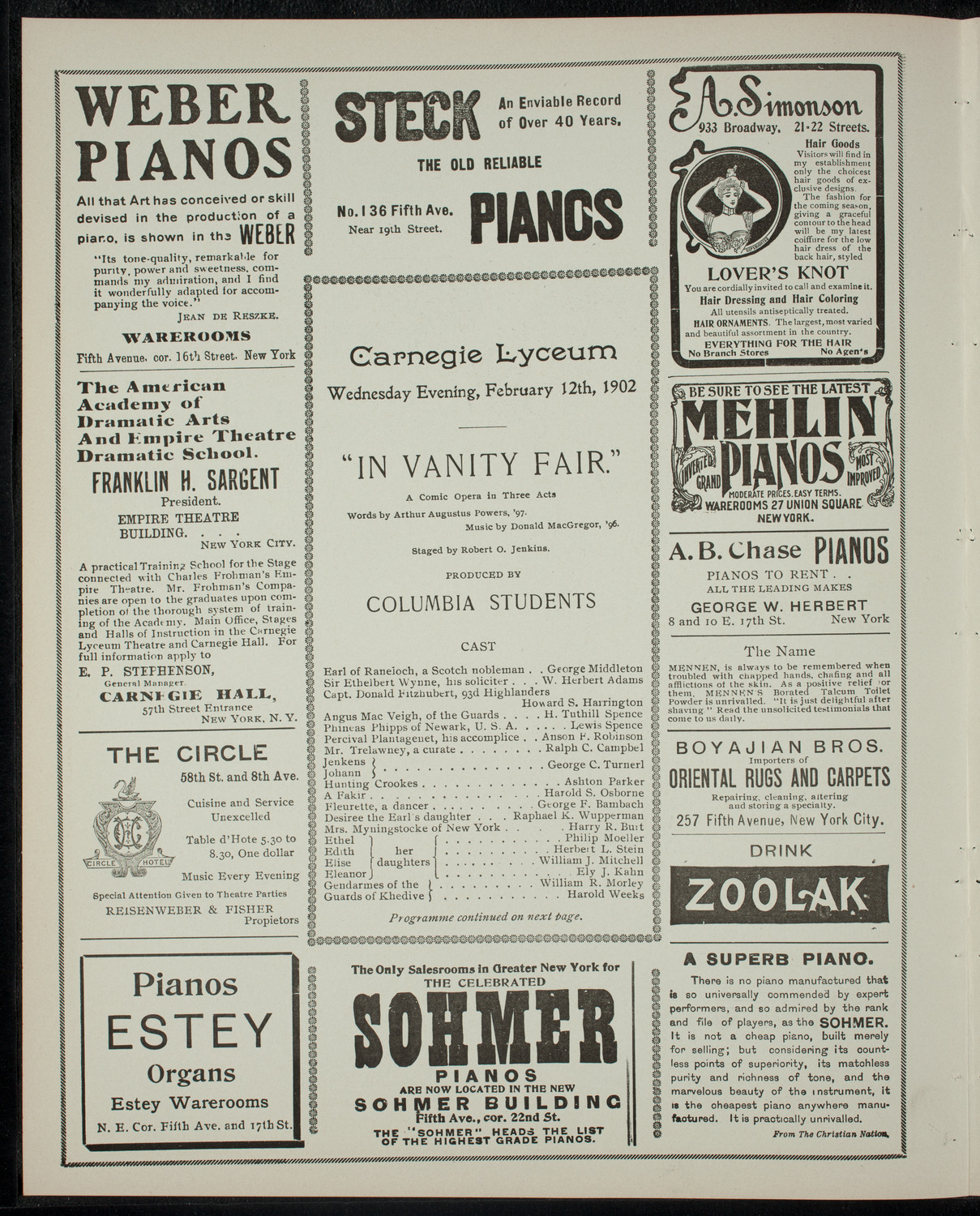 Columbia University Varsity Show, February 12, 1902, program page 2