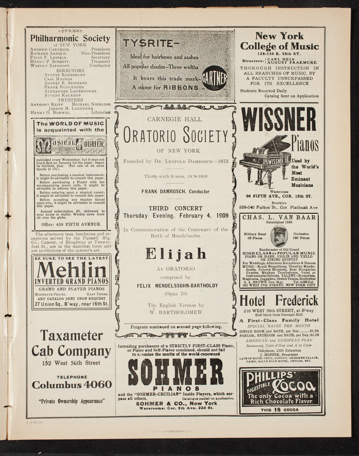 Oratorio Society of New York, February 4, 1909, program page 5
