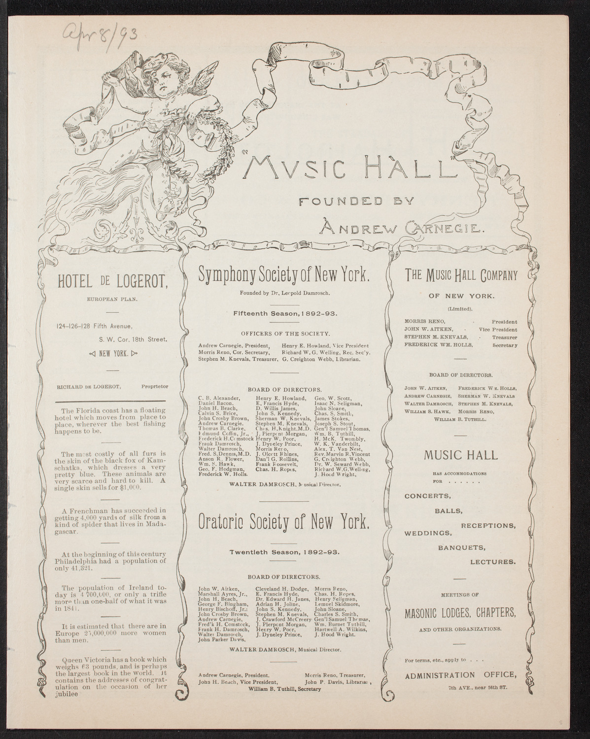 Ignacy Jan Paderewski, Piano, with the New York Symphony Orchestra, April 8, 1893, program page 1