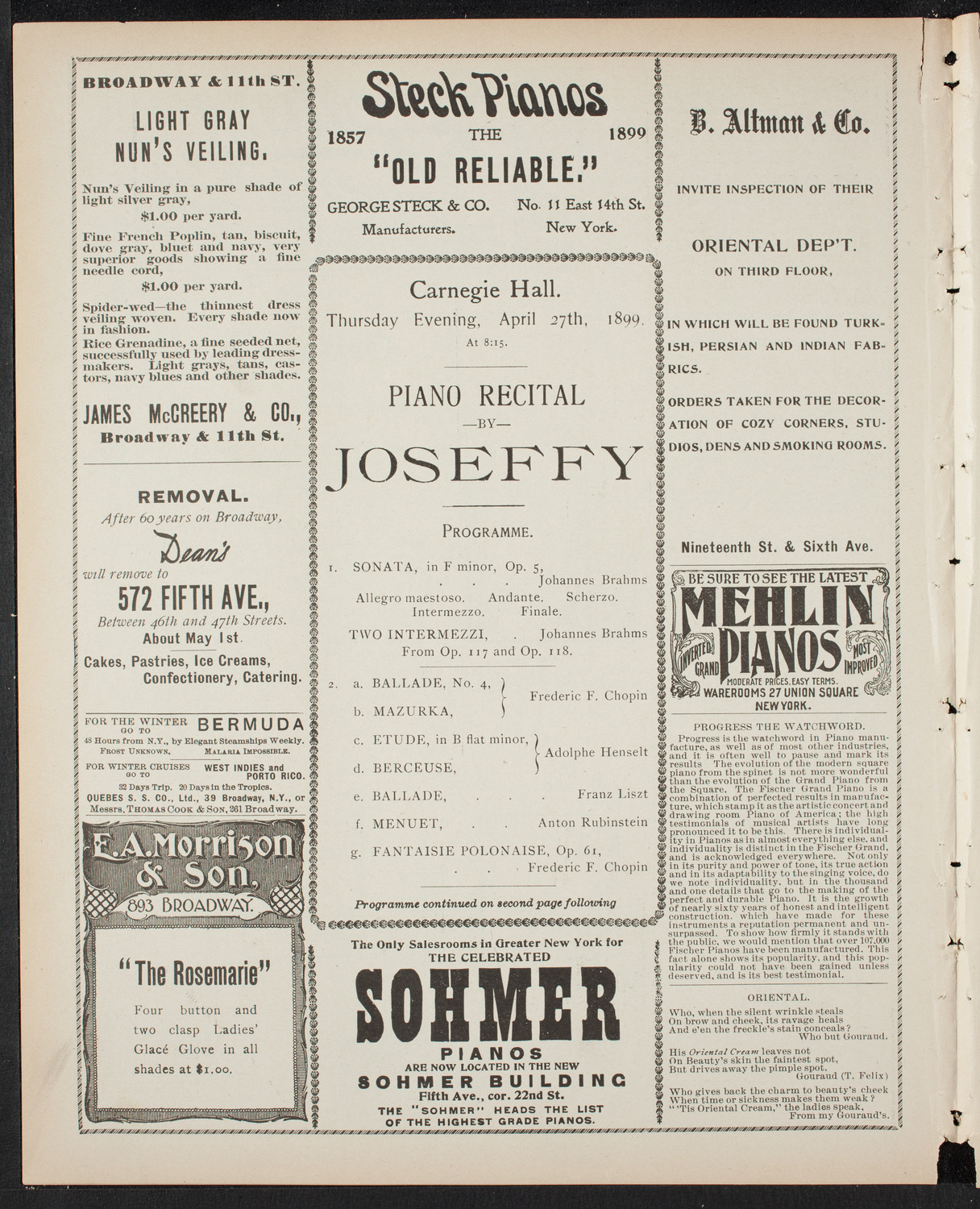 Rafael Joseffy, Piano, April 27, 1899, program page 4