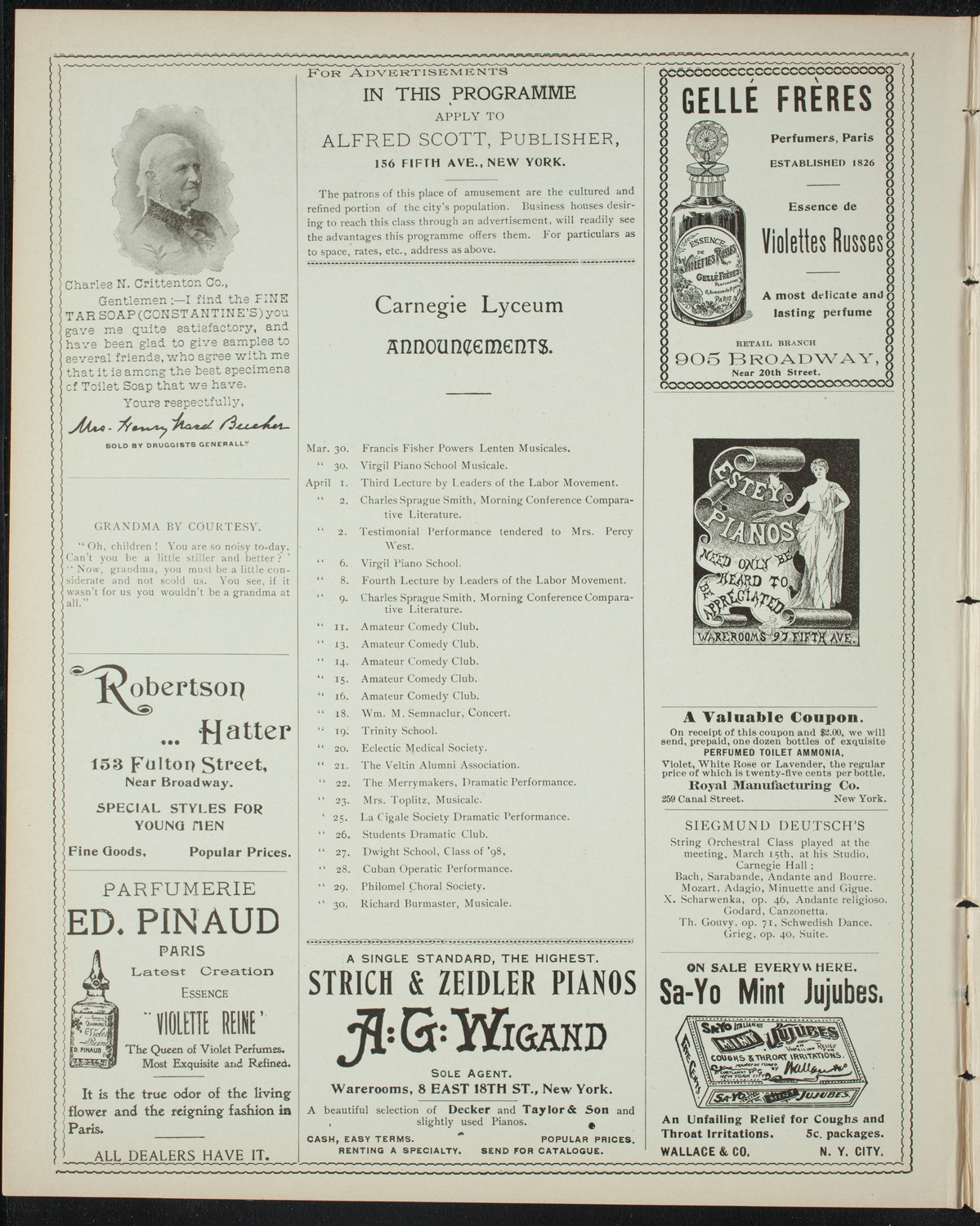 Eppinger Conservatory of Music Faculty and Student Recital, March 26, 1898, program page 2