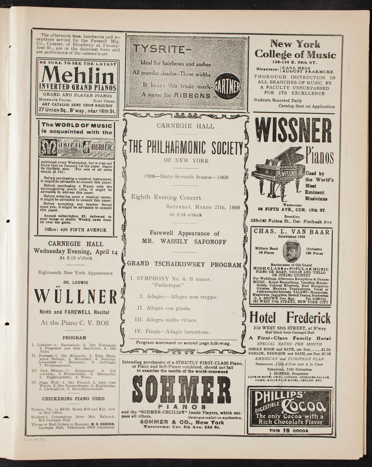 New York Philharmonic, March 27, 1909, program page 5