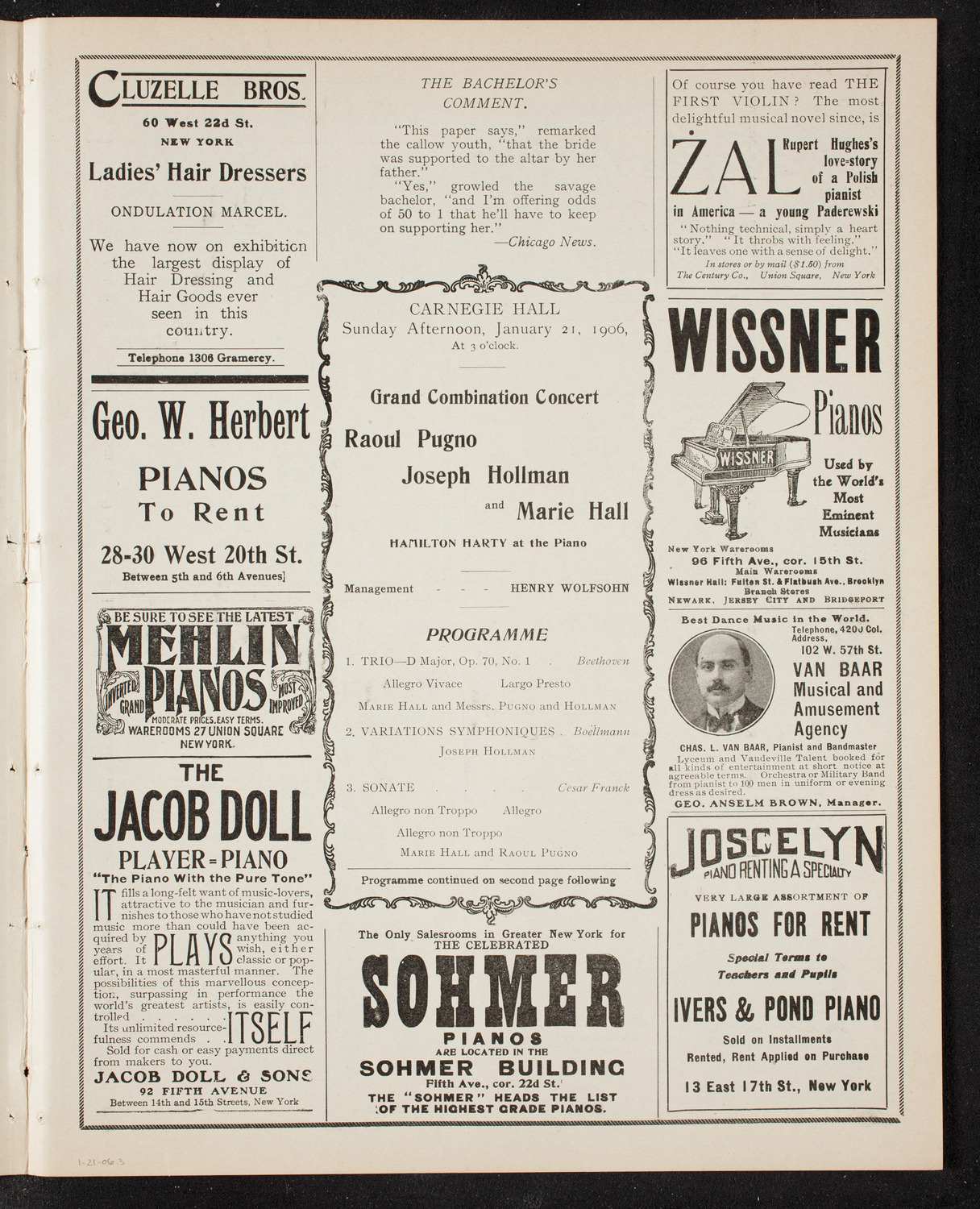 Raoul Pugno, Joseph Hollman and Marie Hall, January 21, 1906, program page 5
