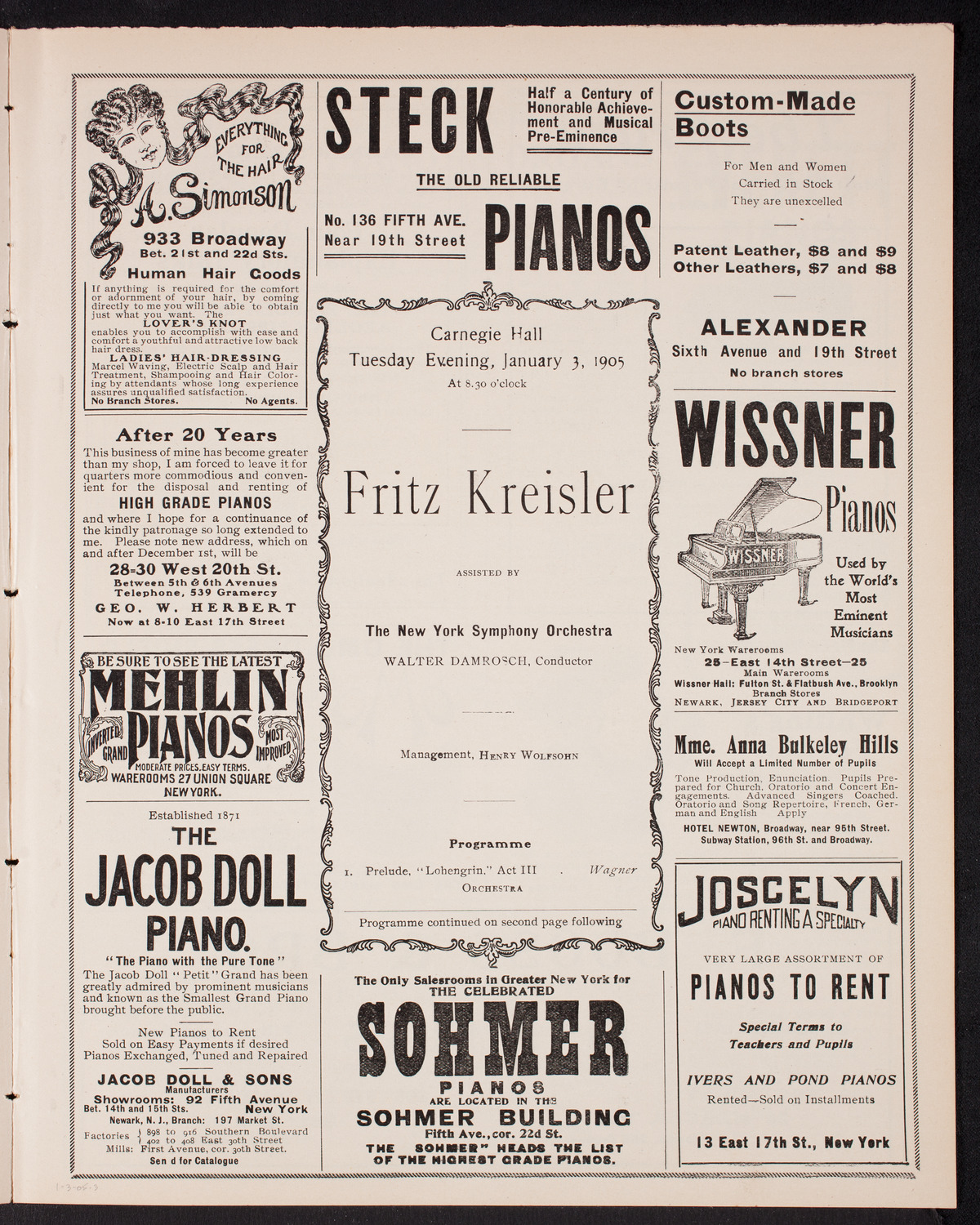 Fritz Kreisler, Violin, with the New York Symphony Orchestra, January 3, 1905, program page 5