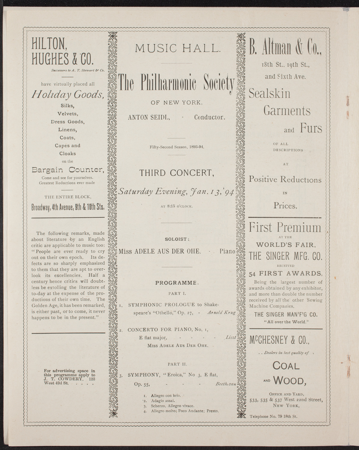 New York Philharmonic, January 13, 1894, program page 4