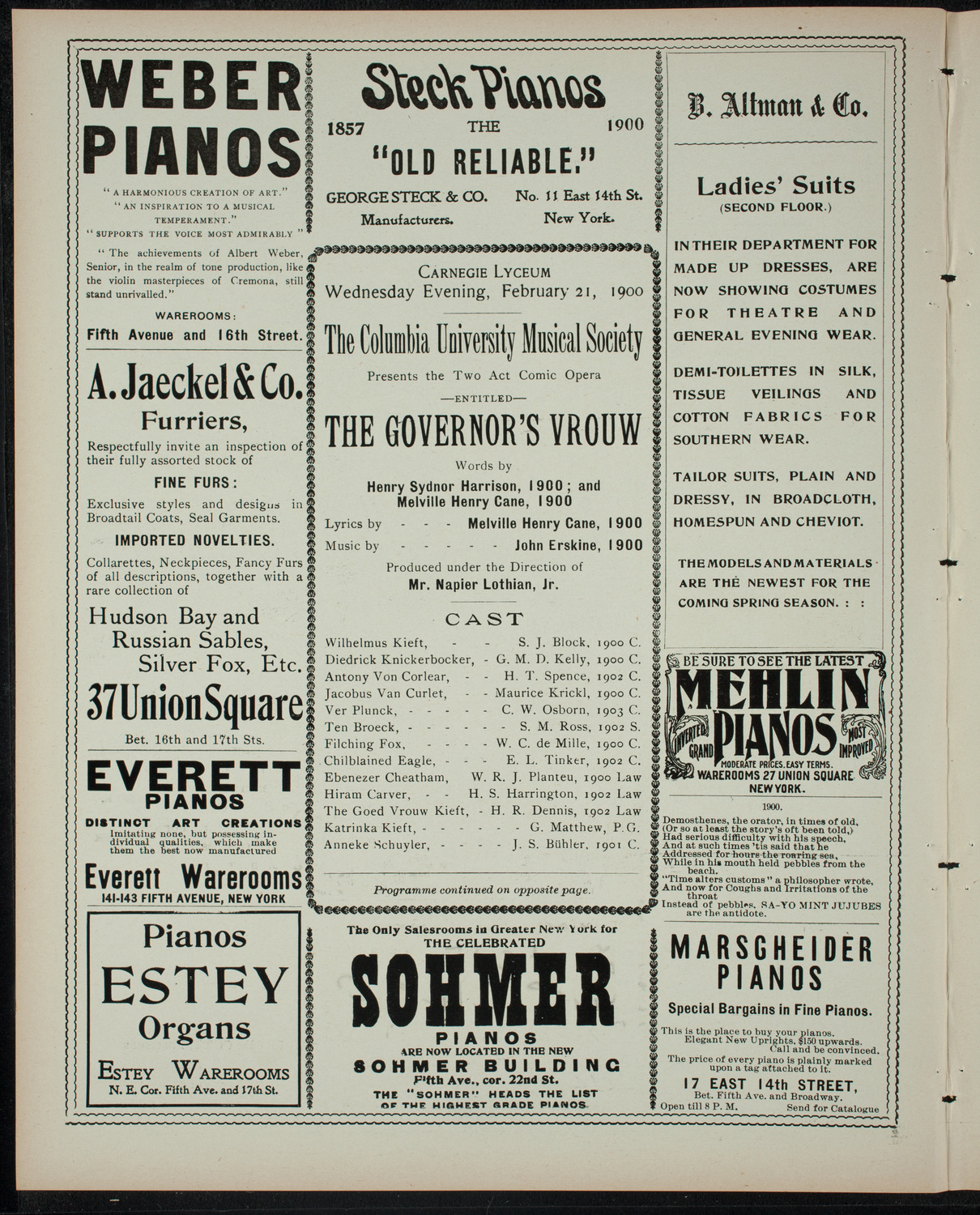 Columbia University Musical Society, February 21, 1900, program page 2