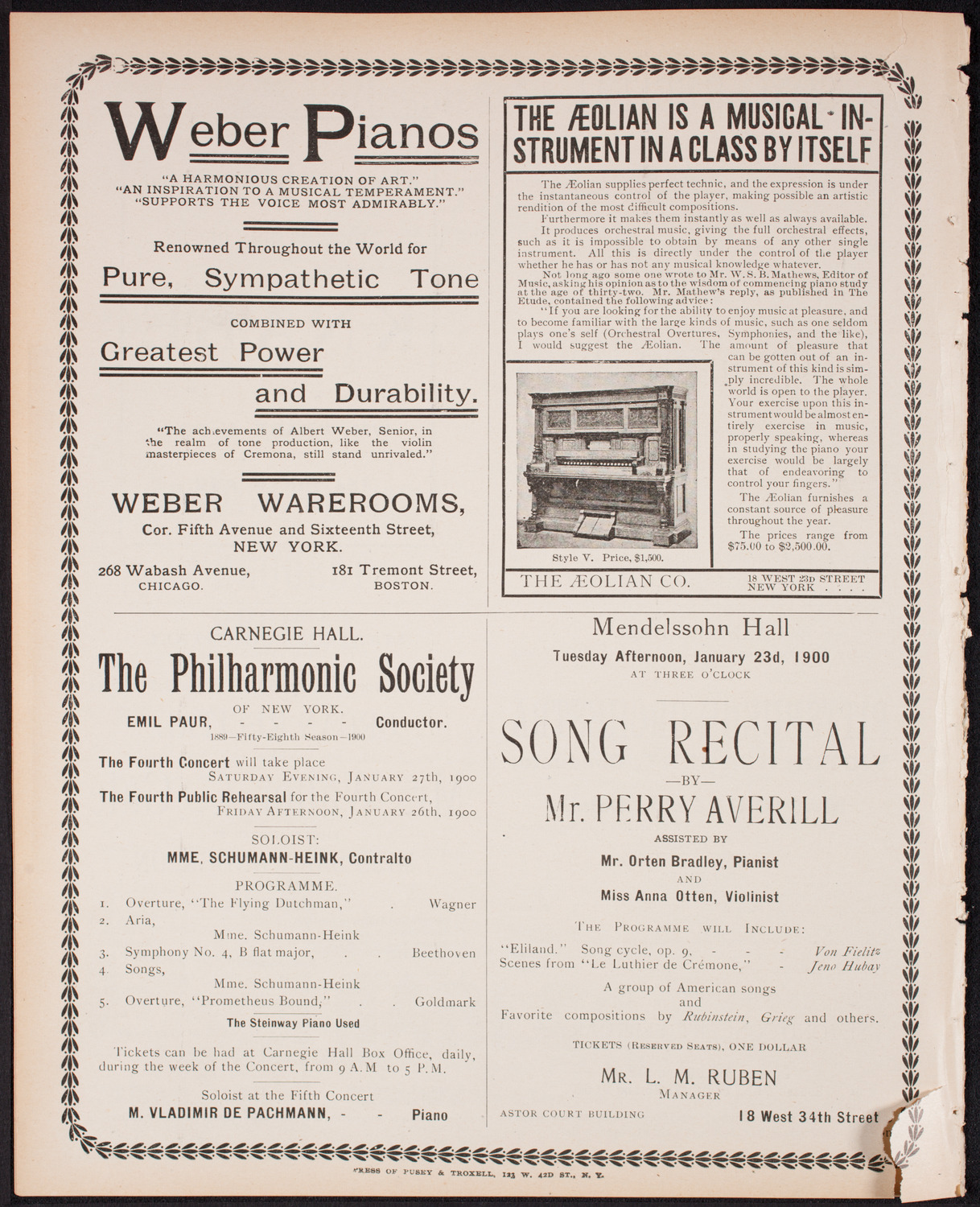 Ignacy Jan Paderewski, Piano, January 20, 1900, program page 12