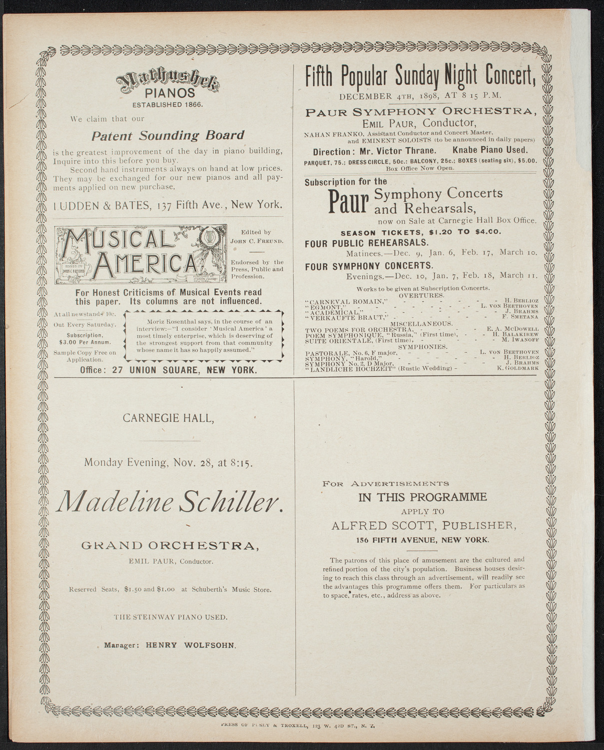 Paur Symphony Orchestra - Sunday Night Popular Concert, November 27, 1898, program page 8