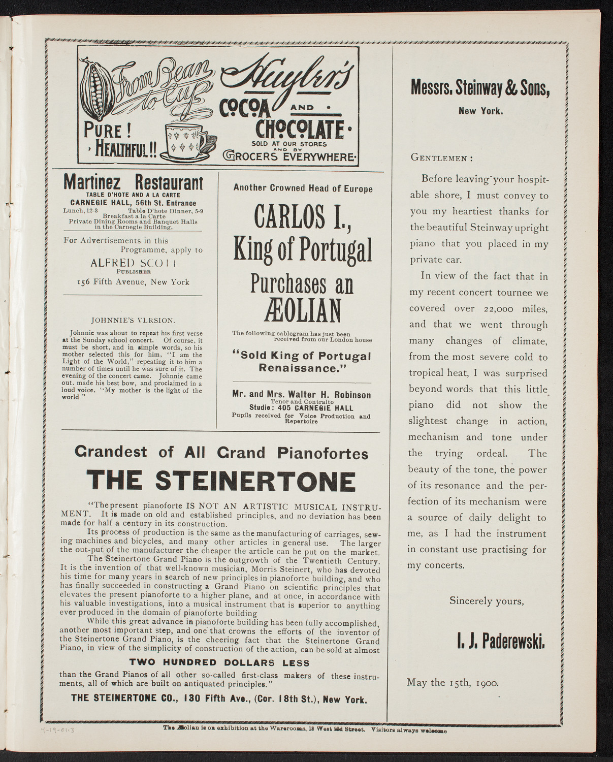 Ossip Gabrilowitsch, Piano, April 19, 1901, program page 5