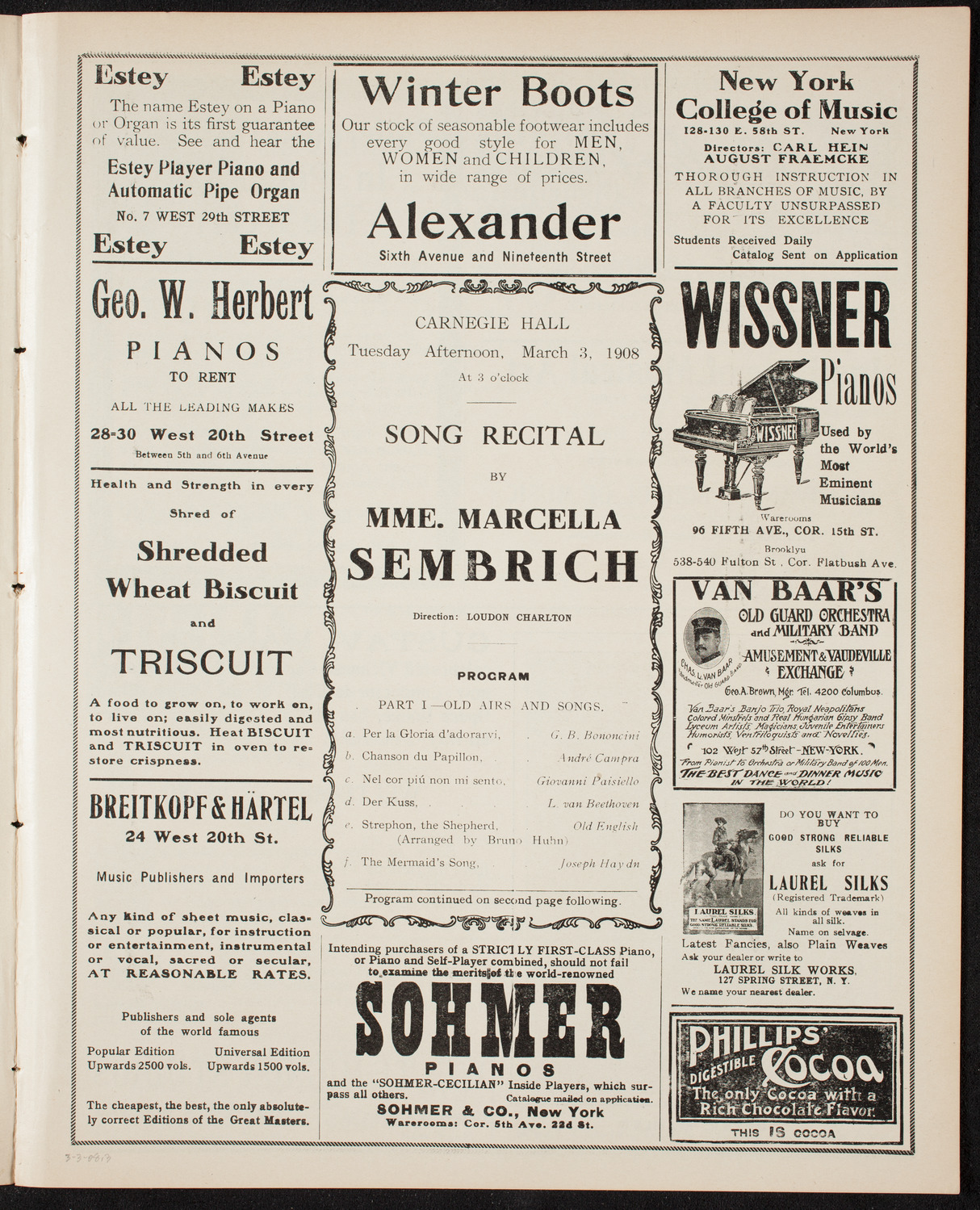 Marcella Sembrich, Soprano, March 3, 1908, program page 5