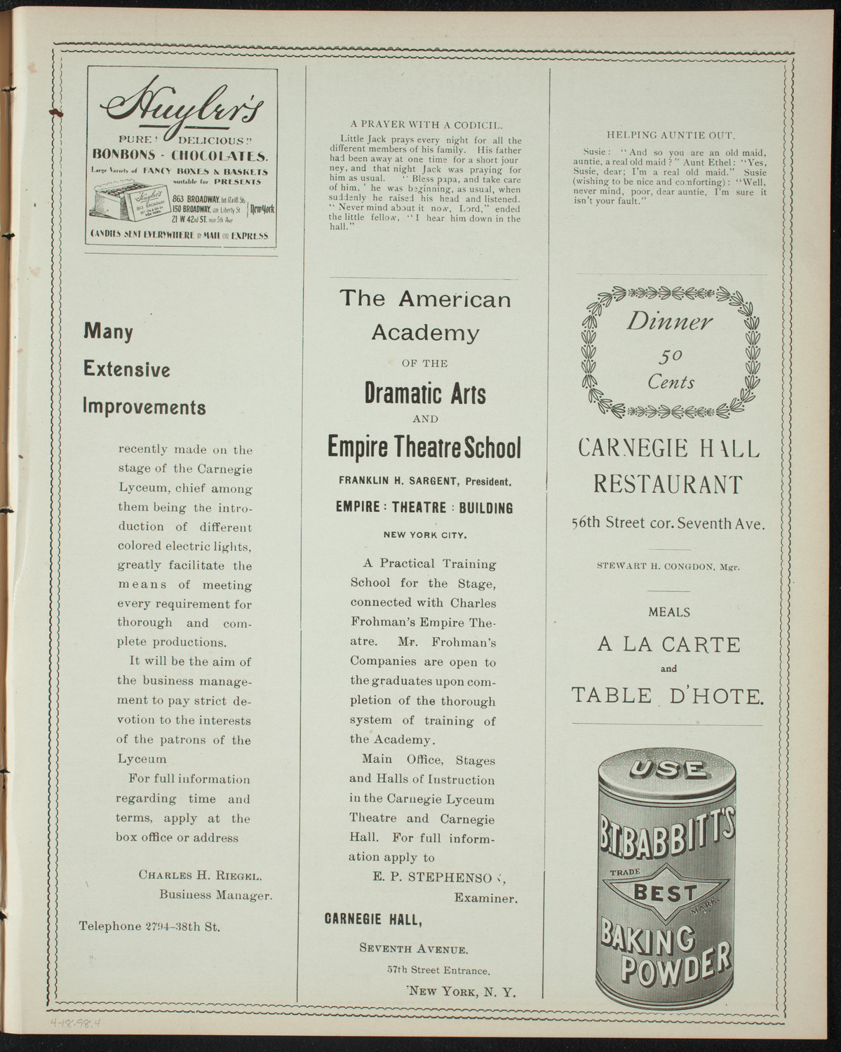 Benefit: Bessie and Mamie Silberfeld, April 18, 1898, program page 7