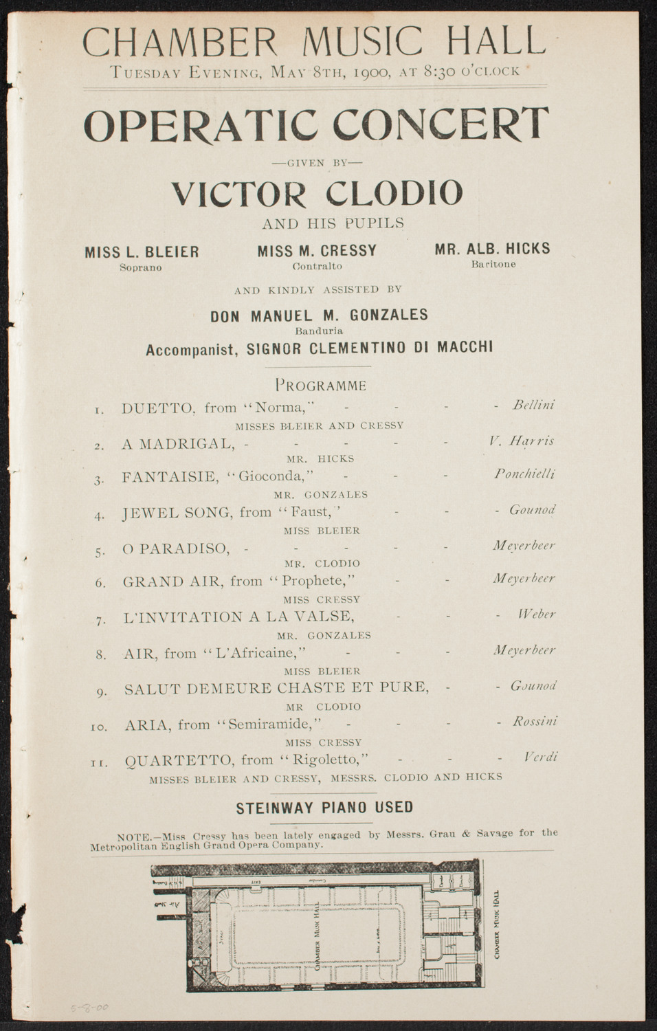 Victor Clodio and Students, May 8, 1900, program page 1