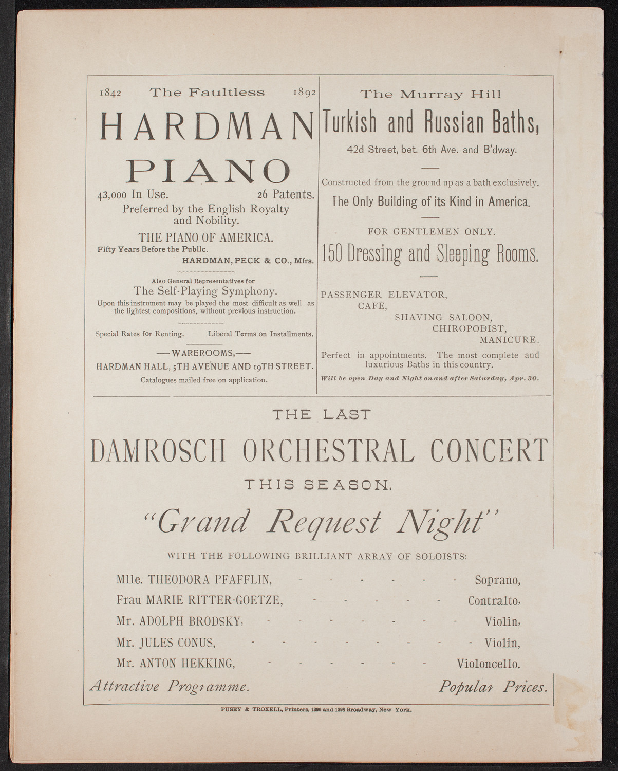 Damrosch Sunday Concert, April 24, 1892, program page 12