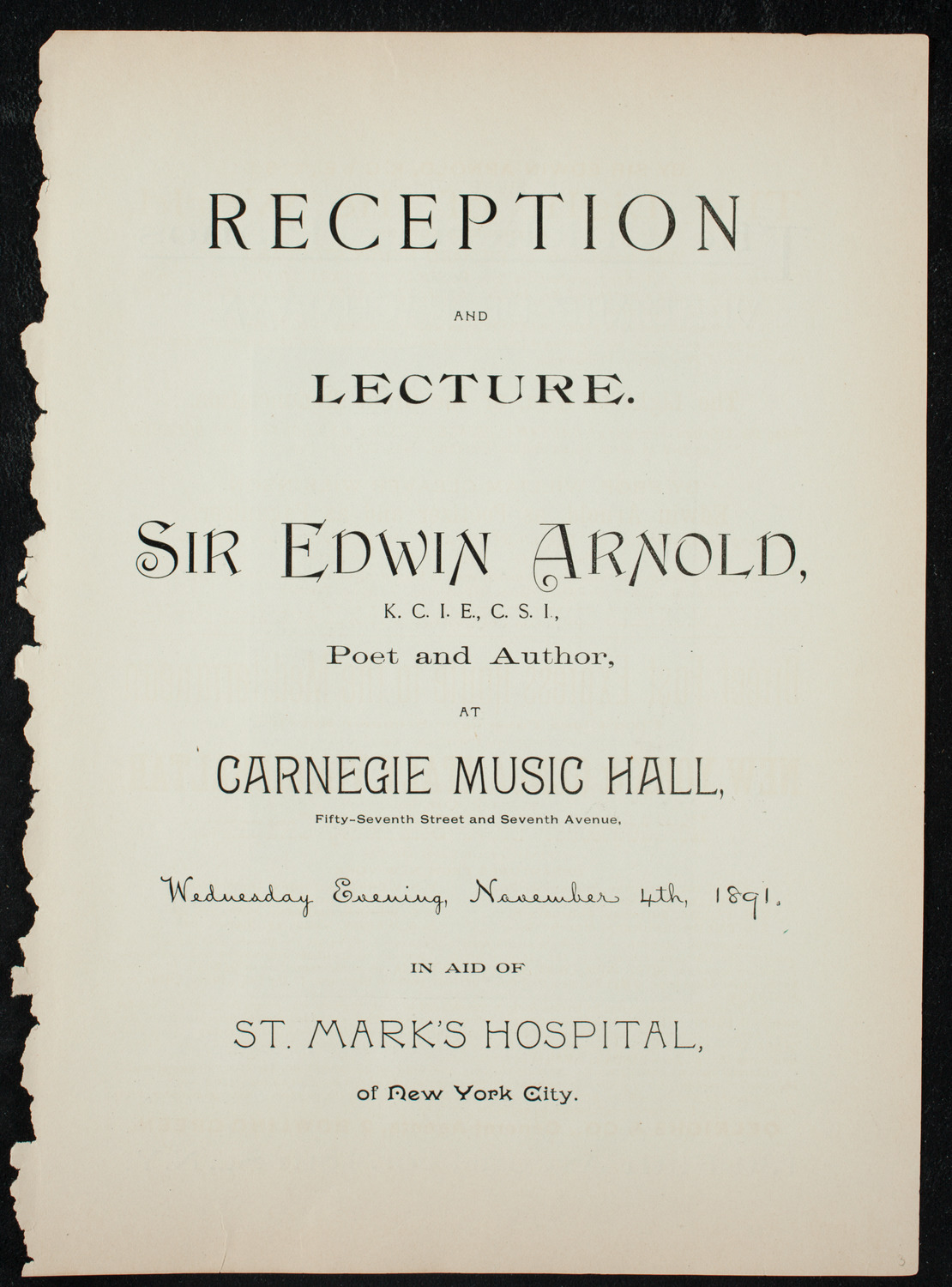 Lecture by Sir Edwin Arnold, November 4, 1891, program page 3