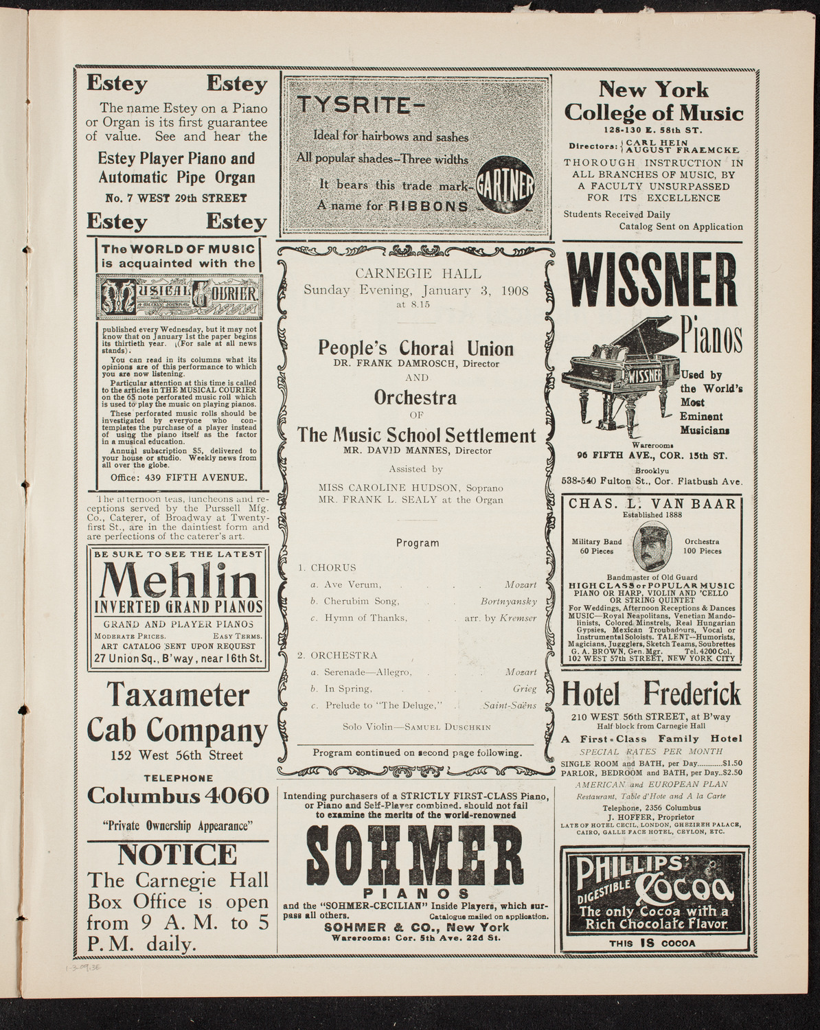 People's Choral Union with the Music School Settlement Orchestra, January 3, 1909, program page 5