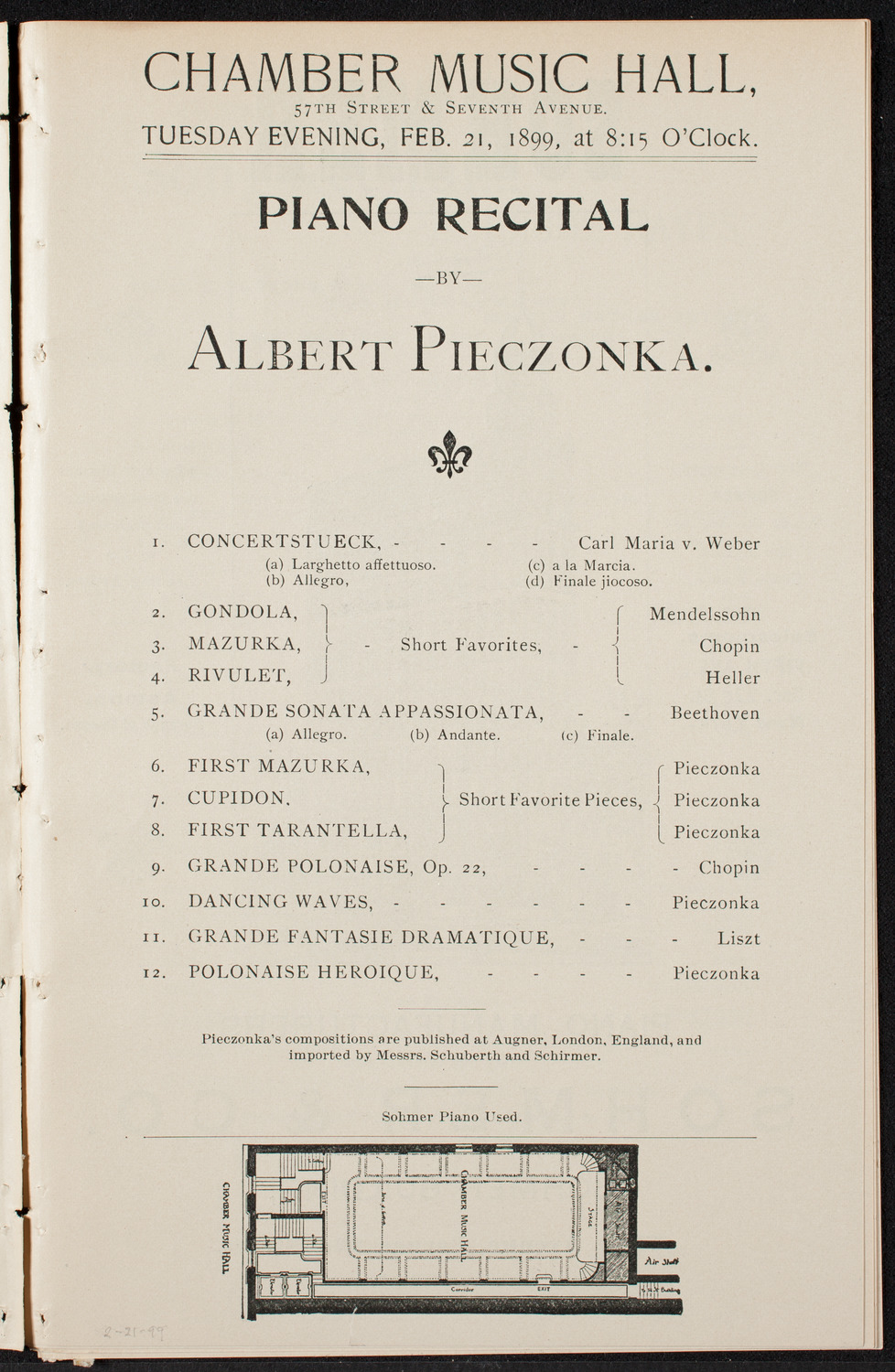 Albert Pieczonka, Piano, February 21, 1899, program page 1