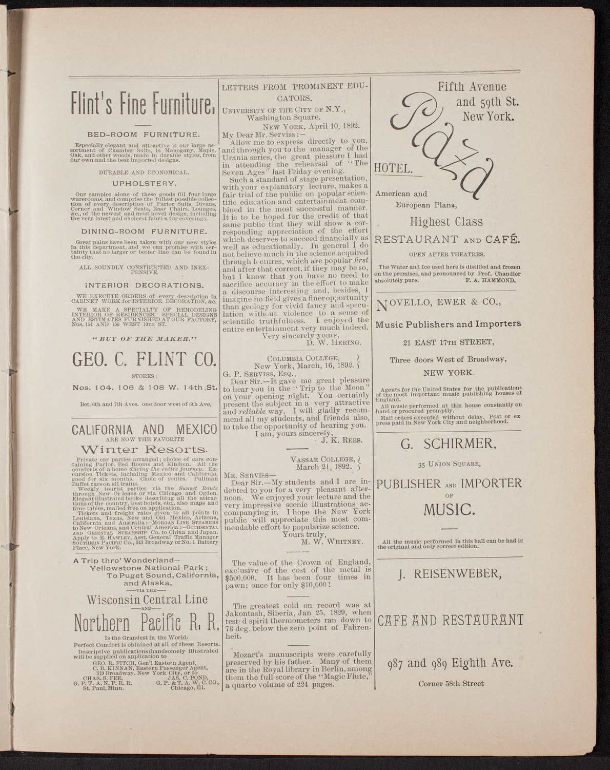 Urania Scientific Theatre, April 23, 1892, program page 9