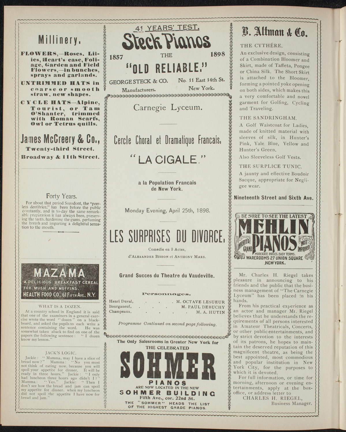 Cercle Choral et Dramatique Francais "La Cigale", April 25, 1898, program page 4