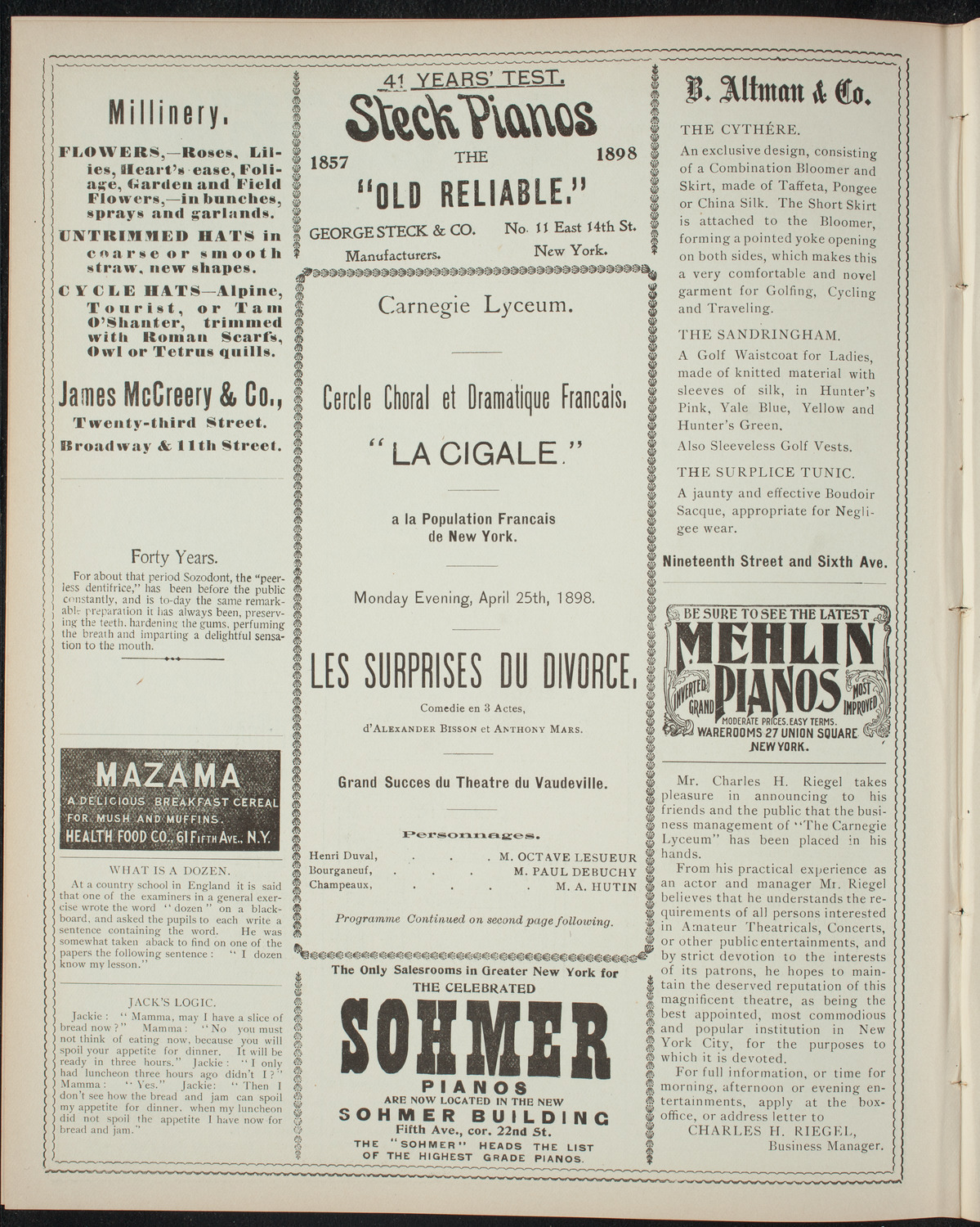 Cercle Choral et Dramatique Francais "La Cigale", April 25, 1898, program page 4