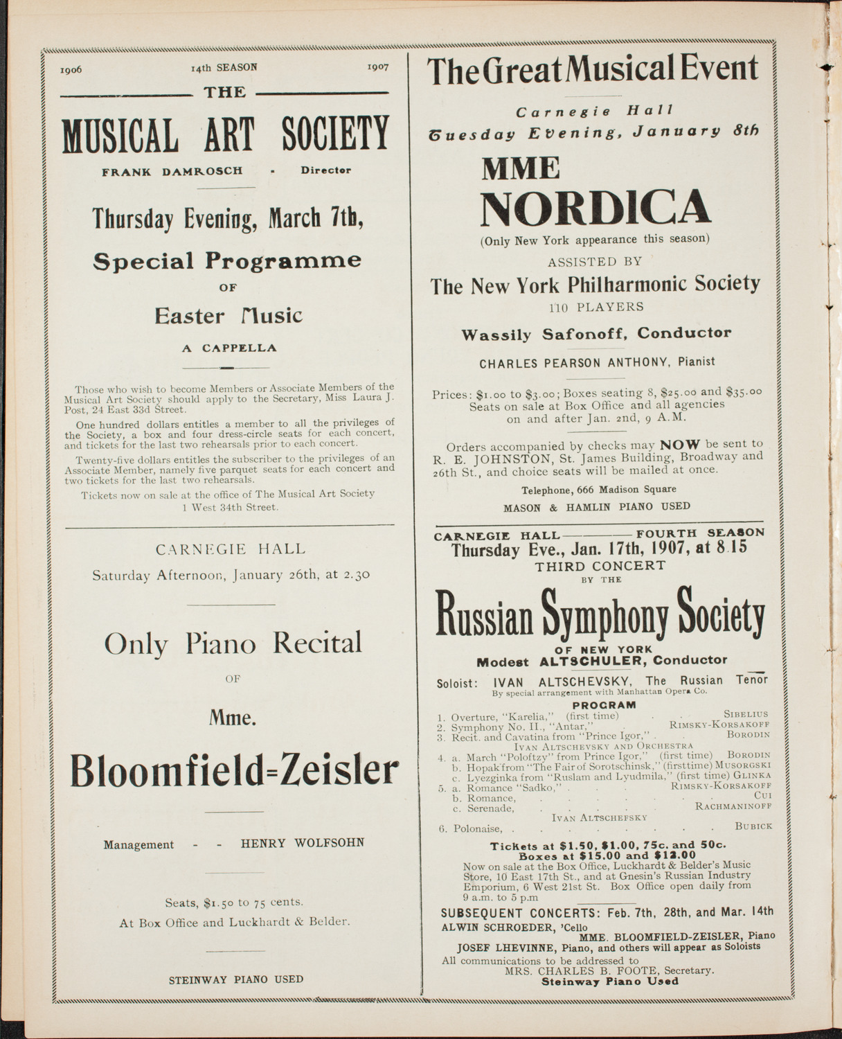 New York Philharmonic, January 5, 1907, program page 10