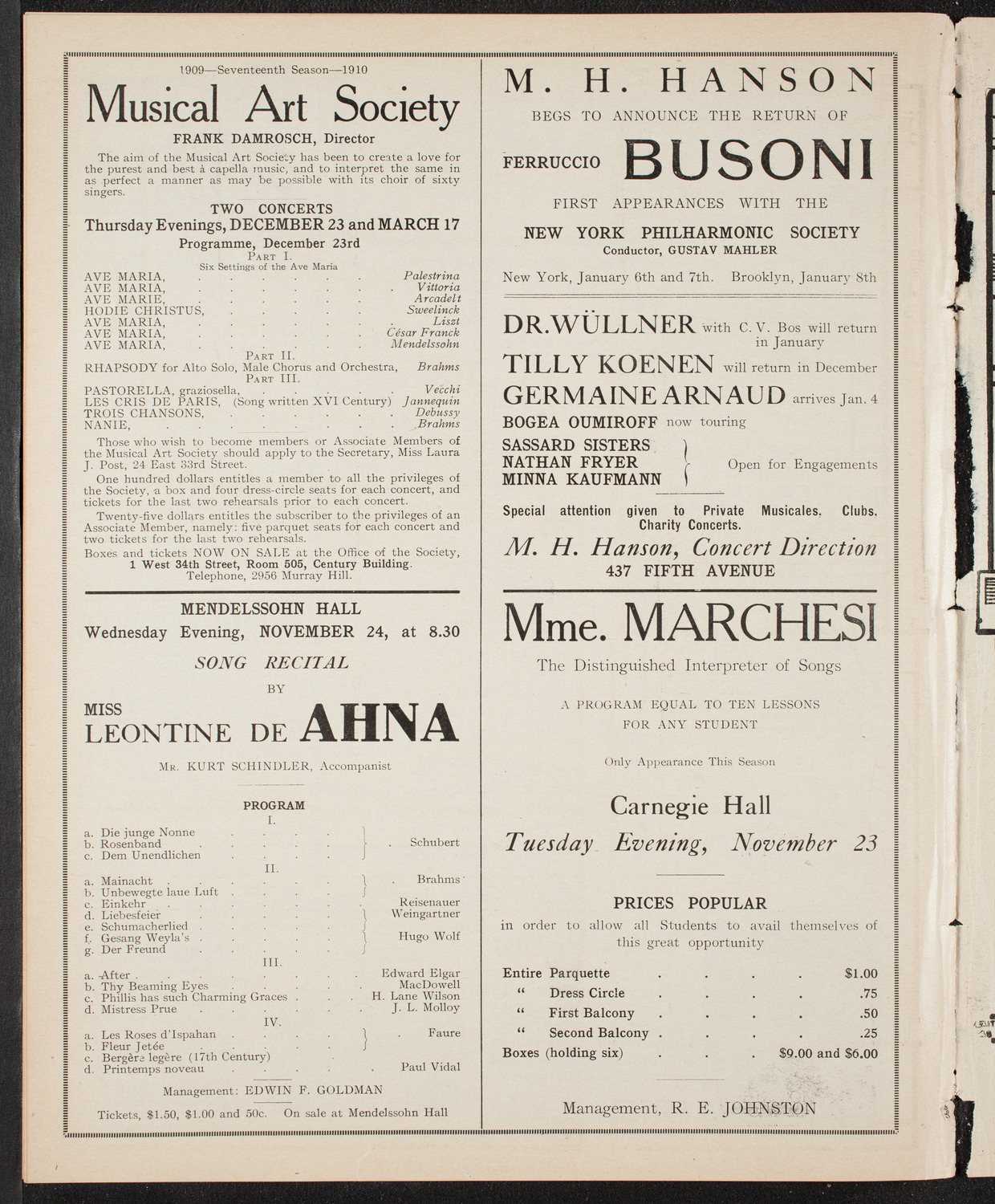 New York Philharmonic, November 21, 1909, program page 10