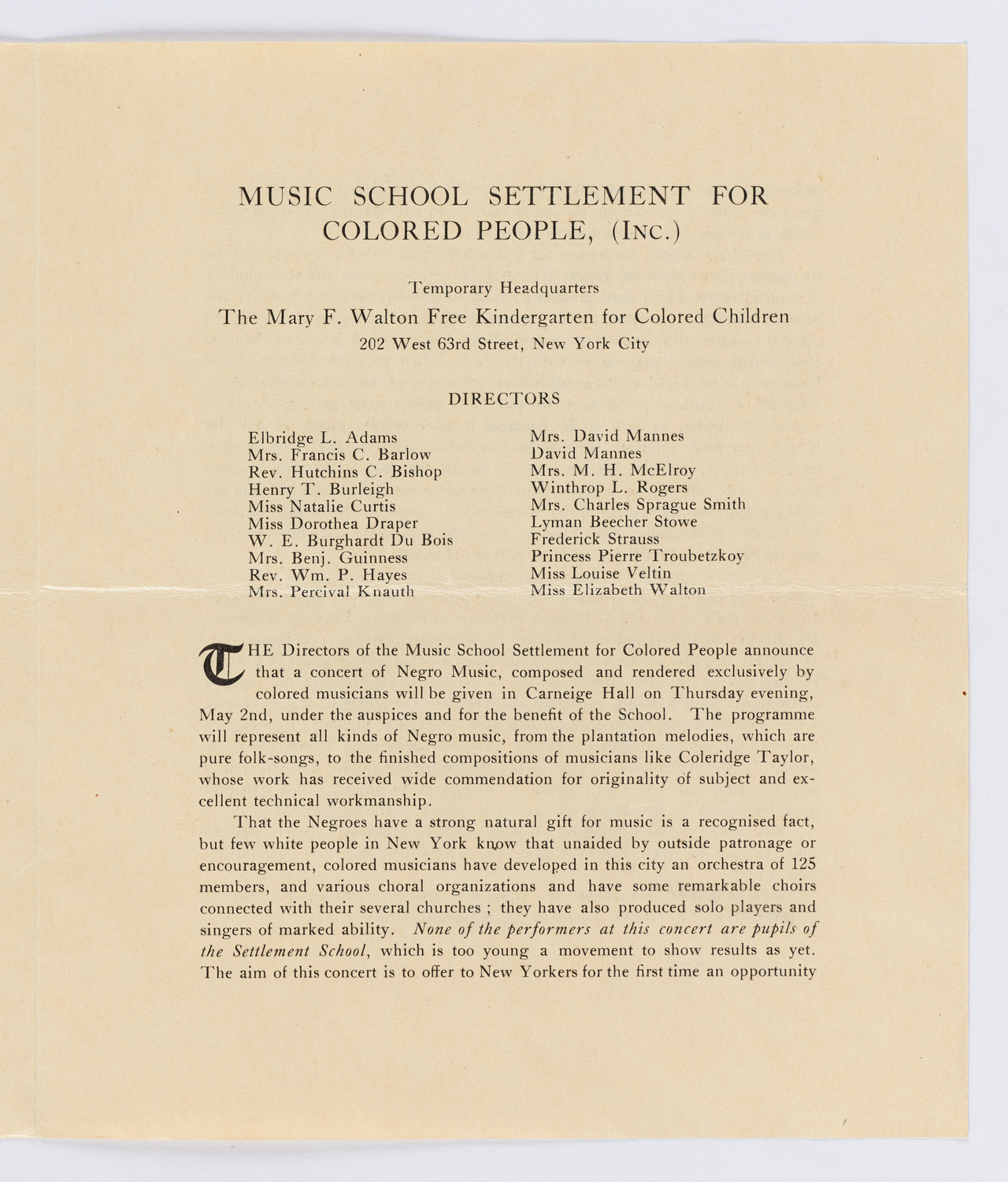 Clef Club Orchestra: Concert of Negro Music, May 2, 1912