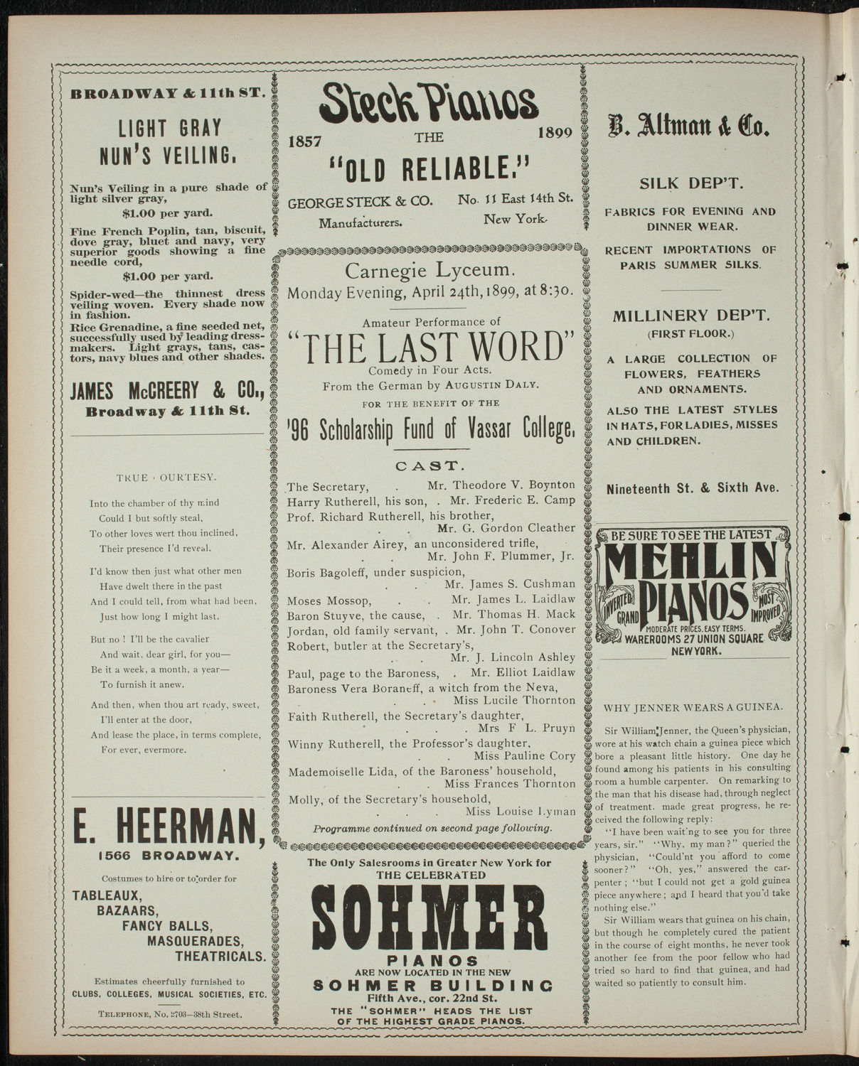 Vassar College Dramatic Performance, April 24, 1899, program page 4