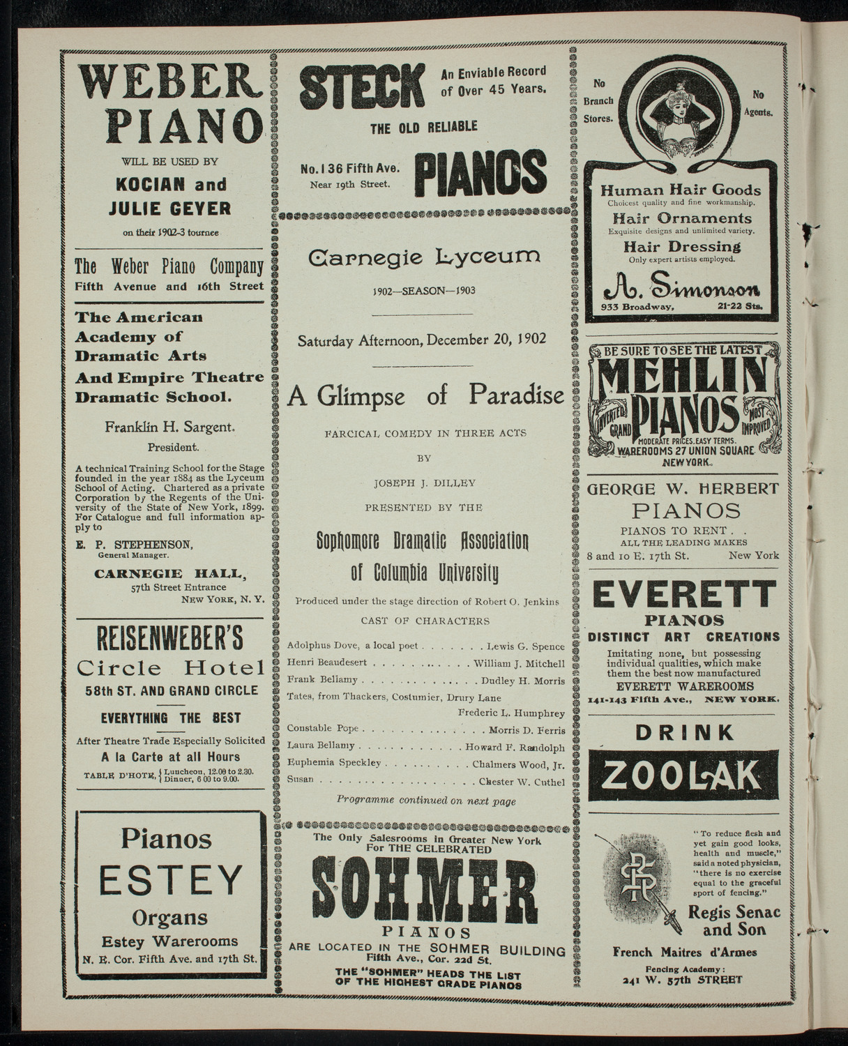 Columbia University Sophomore Dramatic Association, December 20, 1902, program page 2