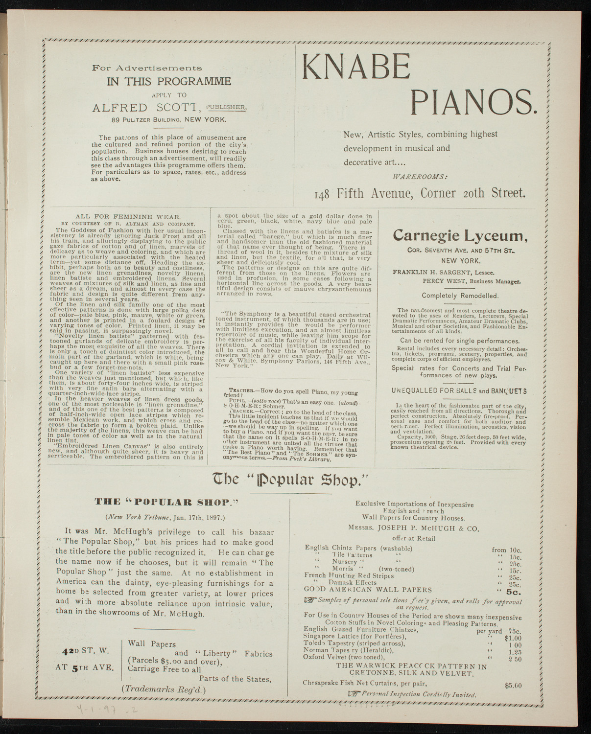 Illustrated Lecture: Evolution of the Earth, April 1, 1897, program page 3