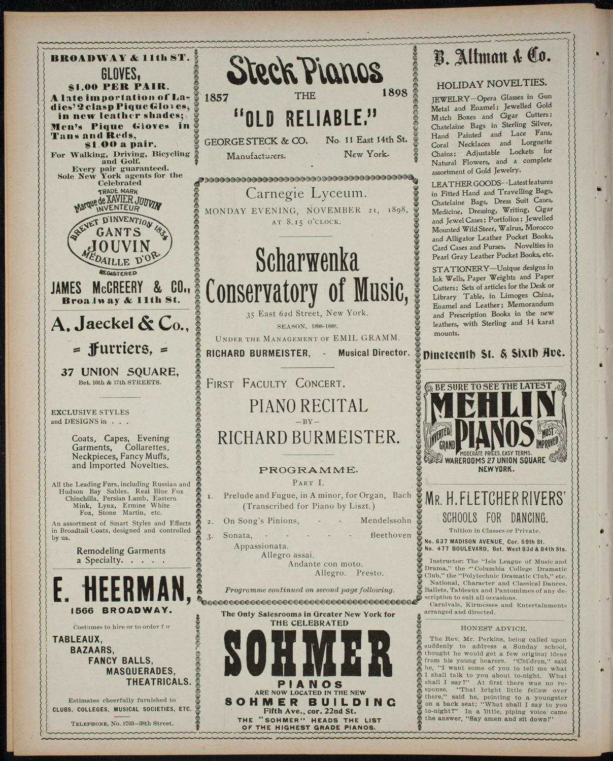Richard Burmeister, November 21, 1898, program page 4