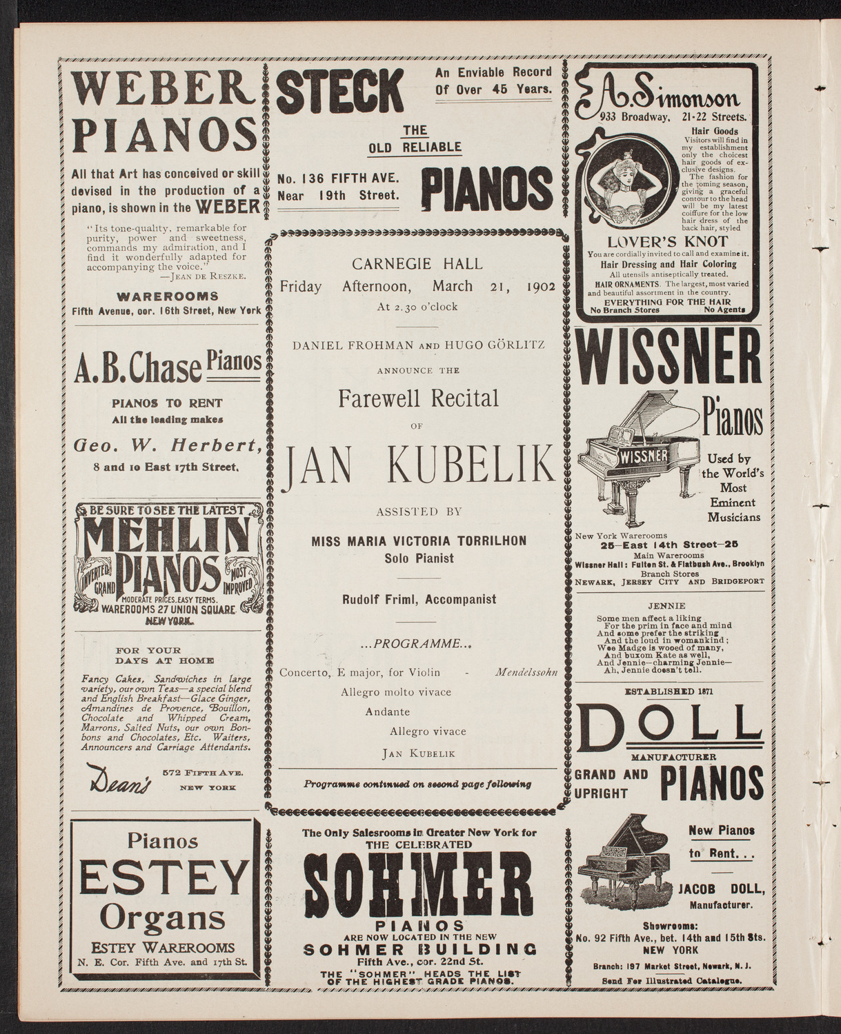 Jan Kubelik, Violin, with Maria Victoria Torrilhon, Piano, March 21, 1902, program page 6