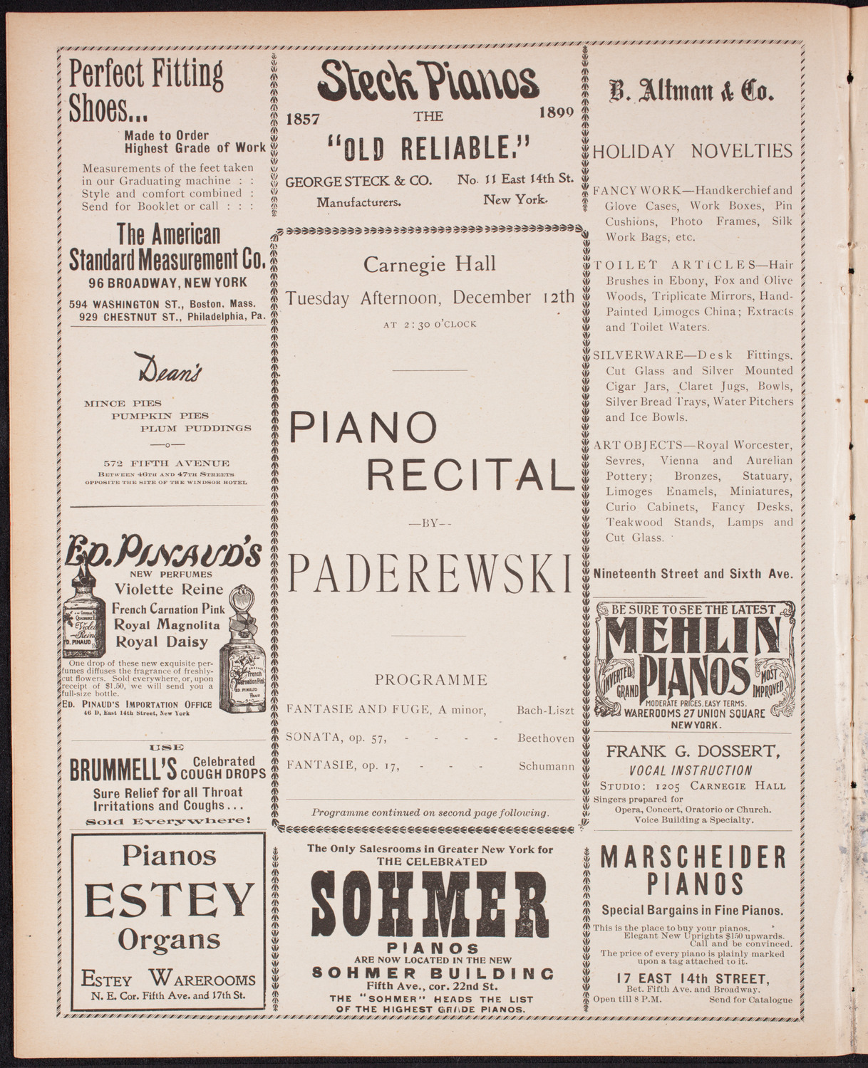 Ignacy Jan Paderewski, Piano, December 12, 1899, program page 4