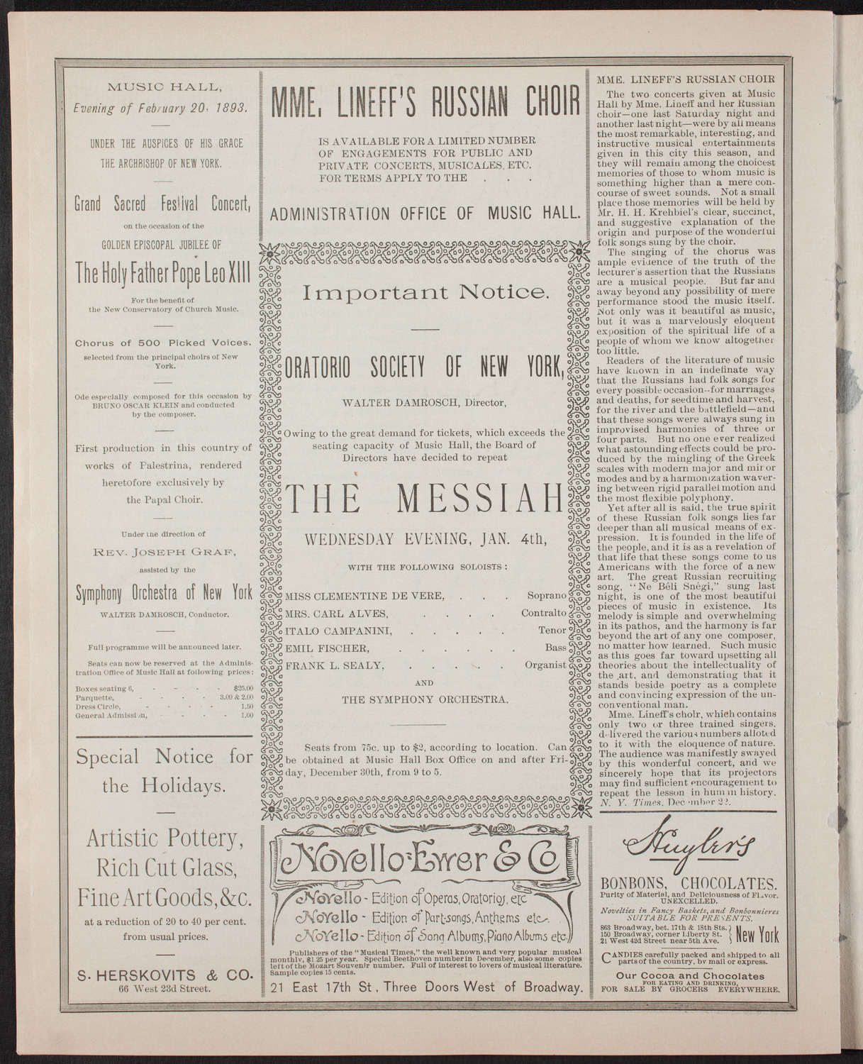 Oratorio Society of New York, December 29, 1892, program page 6