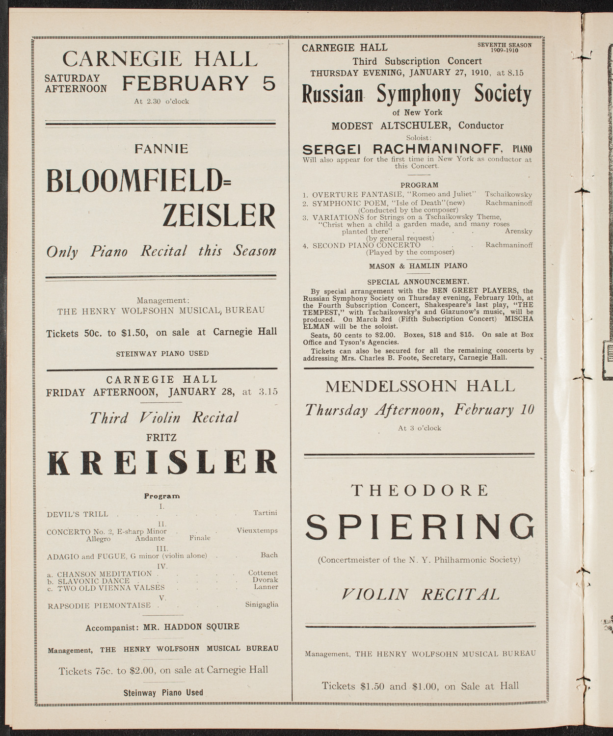 New York Philharmonic, January 20, 1910, program page 10