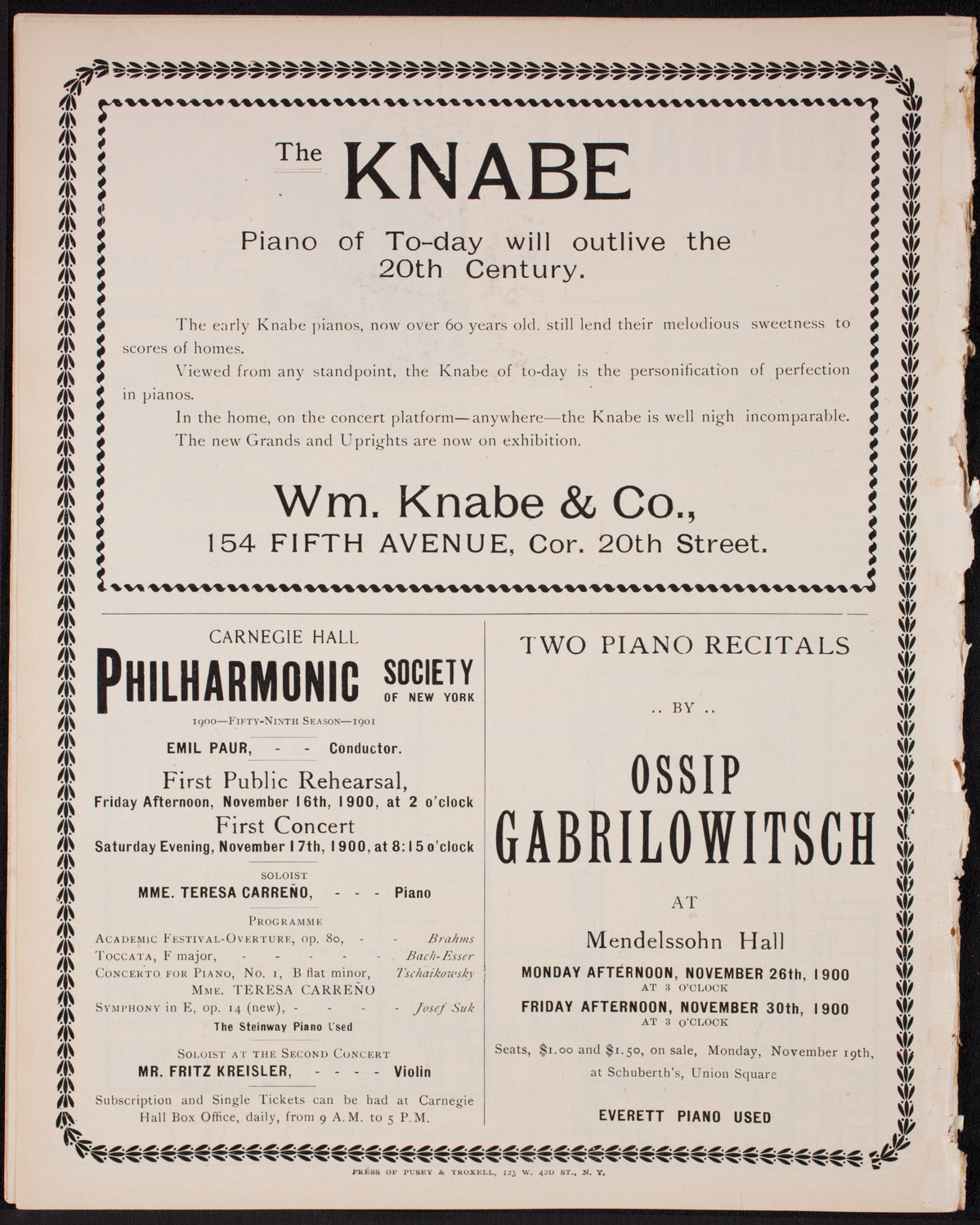 Ossip Gabrilowitsch, Piano, with Orchestra, November 12, 1900, program page 8